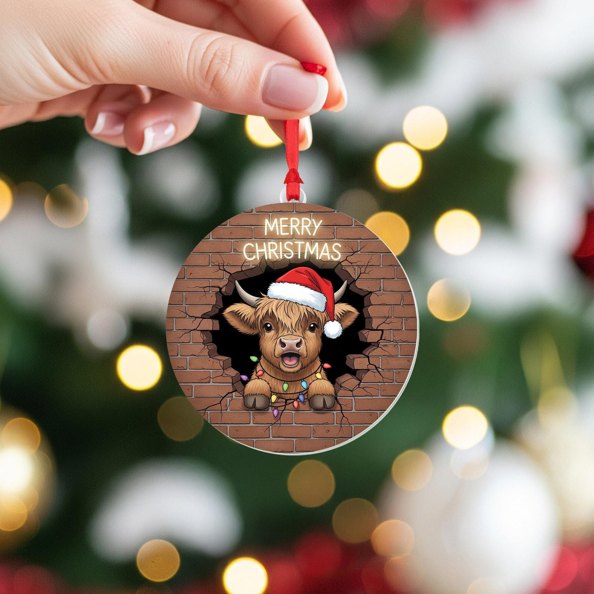 Highland Cow Christmas Ornament, Cute Farm Animal Holiday Decor, Funny Cow Ornament with Santa Hat, Rustic Country Christmas Gift