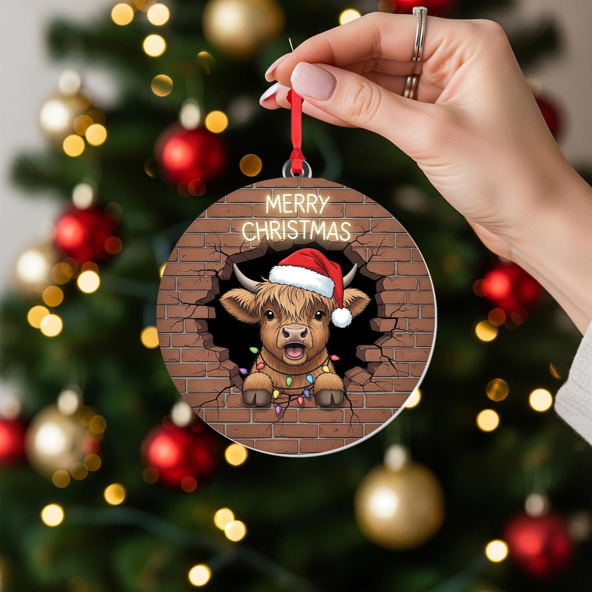 Highland Cow Christmas Ornament, Cute Farm Animal Holiday Decor, Funny Cow Ornament with Santa Hat, Rustic Country Christmas Gift