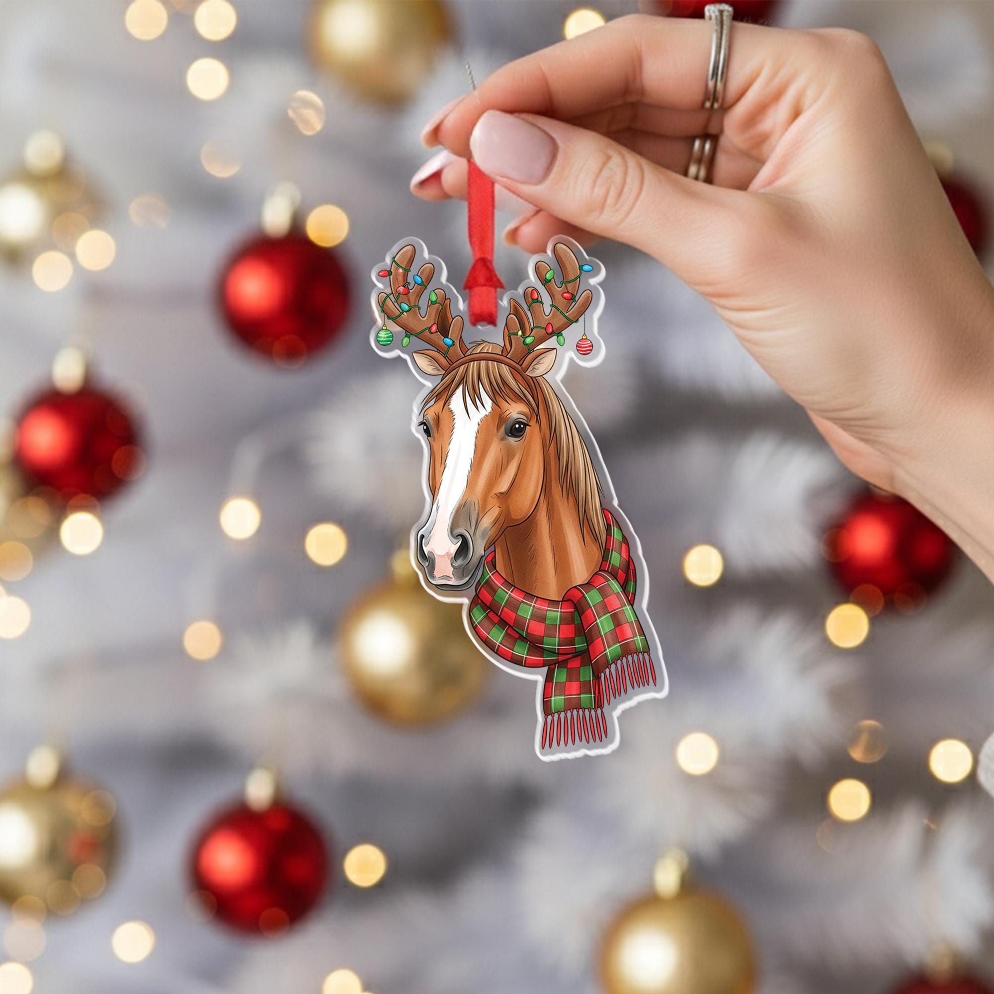 Horse Christmas Ornament, Funny Holiday Decor with Antlers & Scarf, Farm Animal Ornament, Equestrian Gift, Rustic Country Christmas