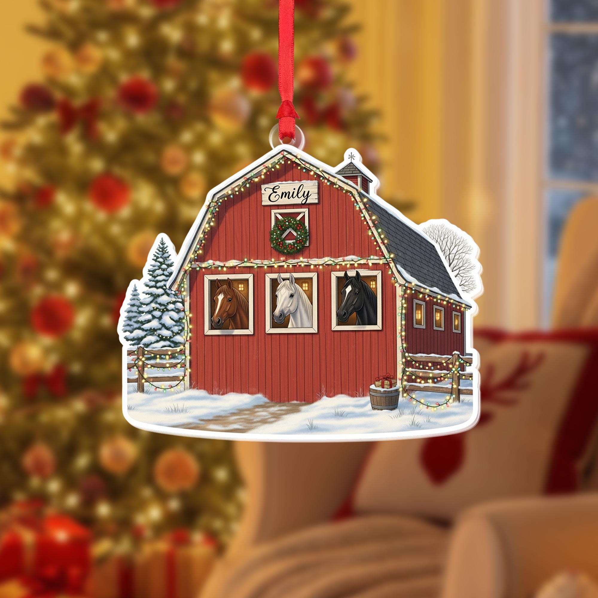 Personalized Horse Barn Ornament, Custom Equestrian Christmas Gift, Farmhouse Holiday Decor, Rustic Barn Ornament with Horses
