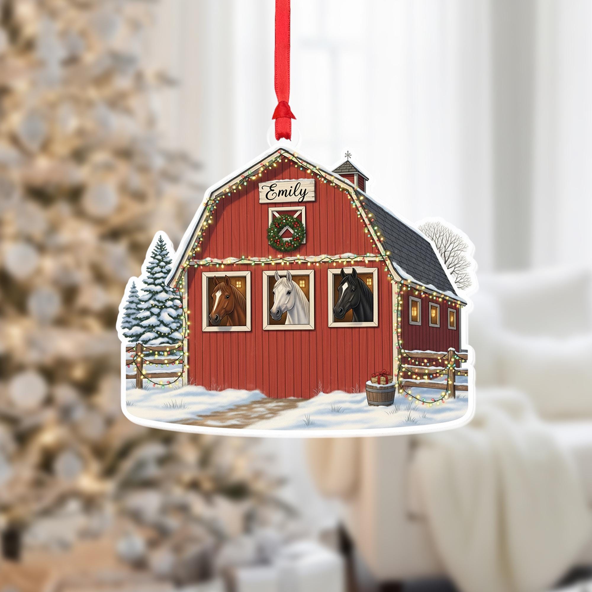 Personalized Horse Barn Ornament, Custom Equestrian Christmas Gift, Farmhouse Holiday Decor, Rustic Barn Ornament with Horses