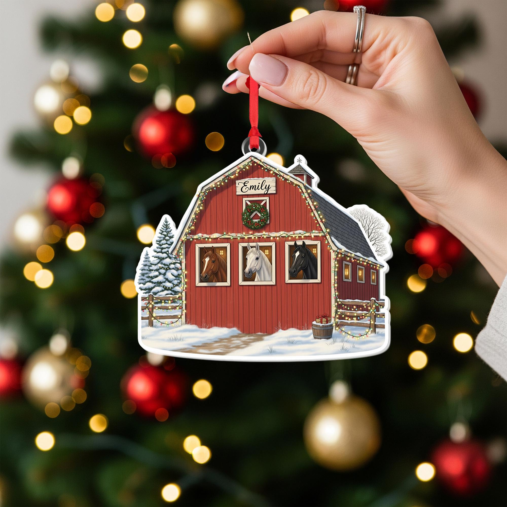 Personalized Horse Barn Ornament, Custom Equestrian Christmas Gift, Farmhouse Holiday Decor, Rustic Barn Ornament with Horses