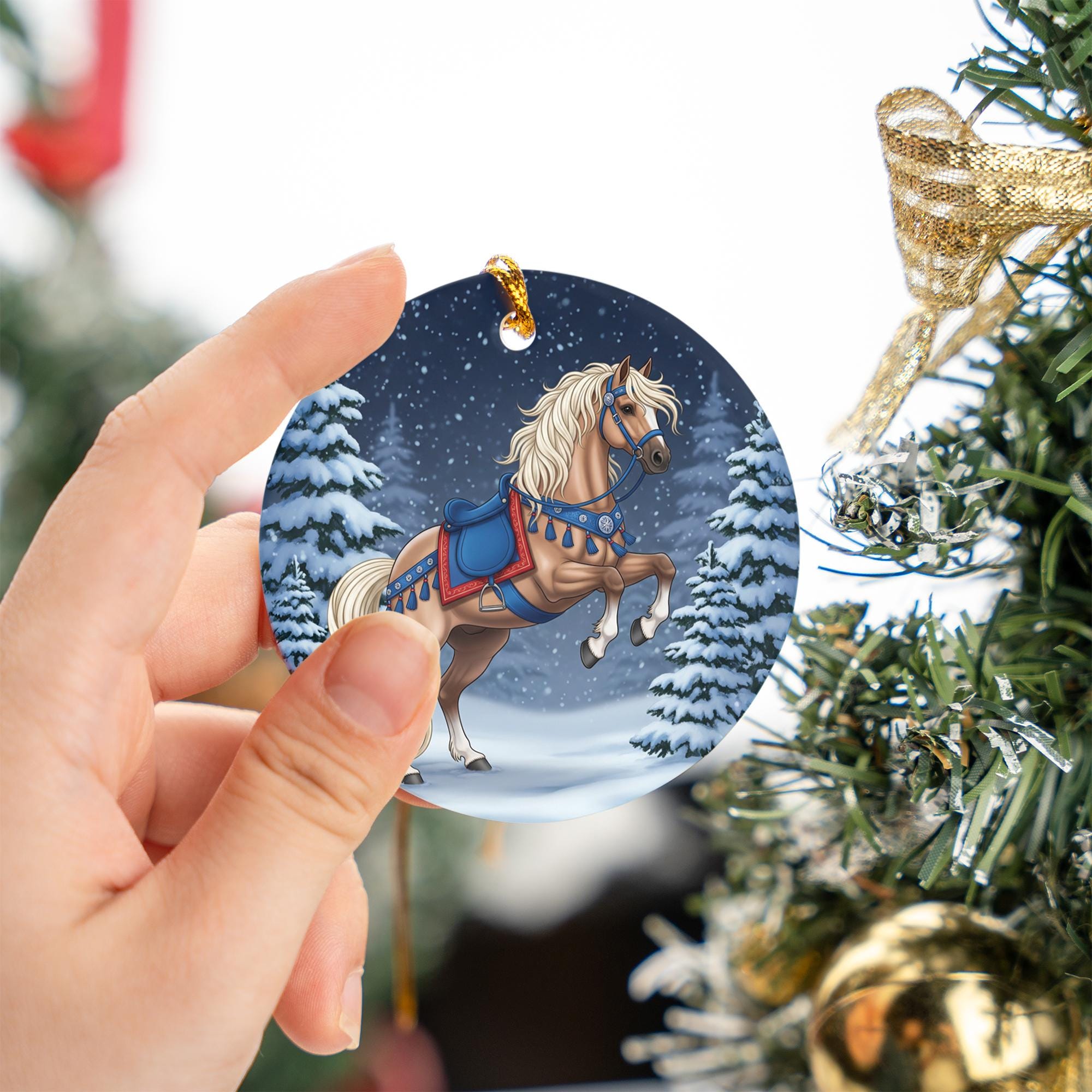 Horse Christmas Ceramic Ornament, Equestrian Holiday Decor, Farm Animal Ornament with Snow Scene, Winter Horse Lover Gift, Rustic Christmas