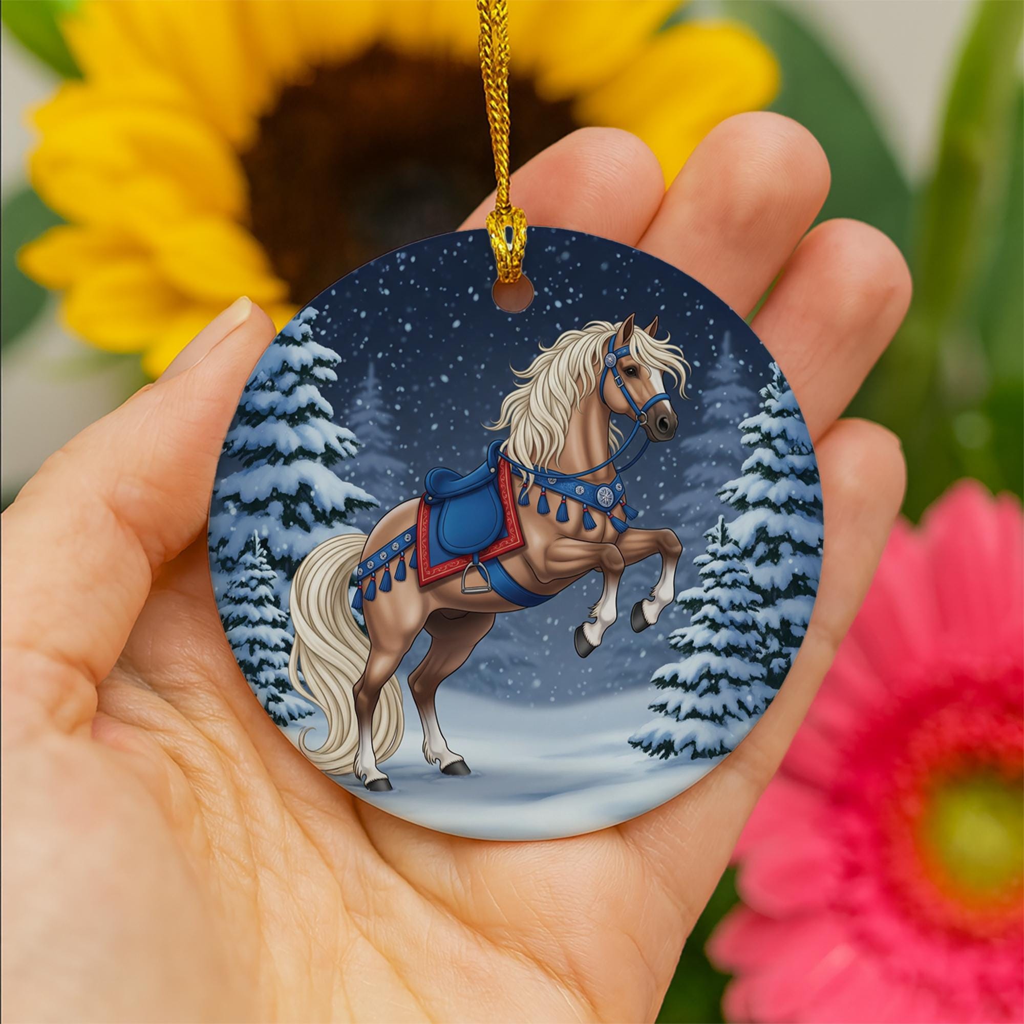 Horse Christmas Ceramic Ornament, Equestrian Holiday Decor, Farm Animal Ornament with Snow Scene, Winter Horse Lover Gift, Rustic Christmas