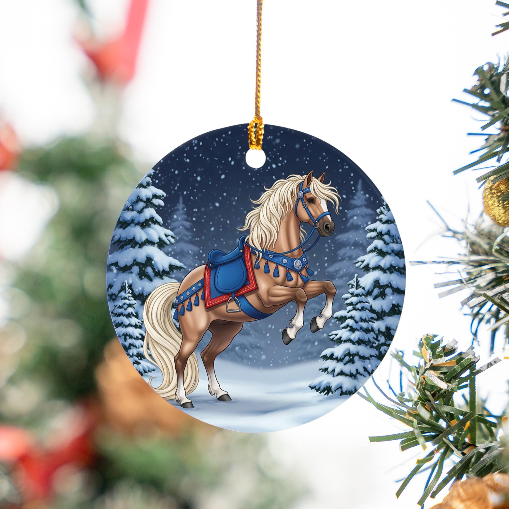 Horse Christmas Ceramic Ornament, Equestrian Holiday Decor, Farm Animal Ornament with Snow Scene, Winter Horse Lover Gift, Rustic Christmas