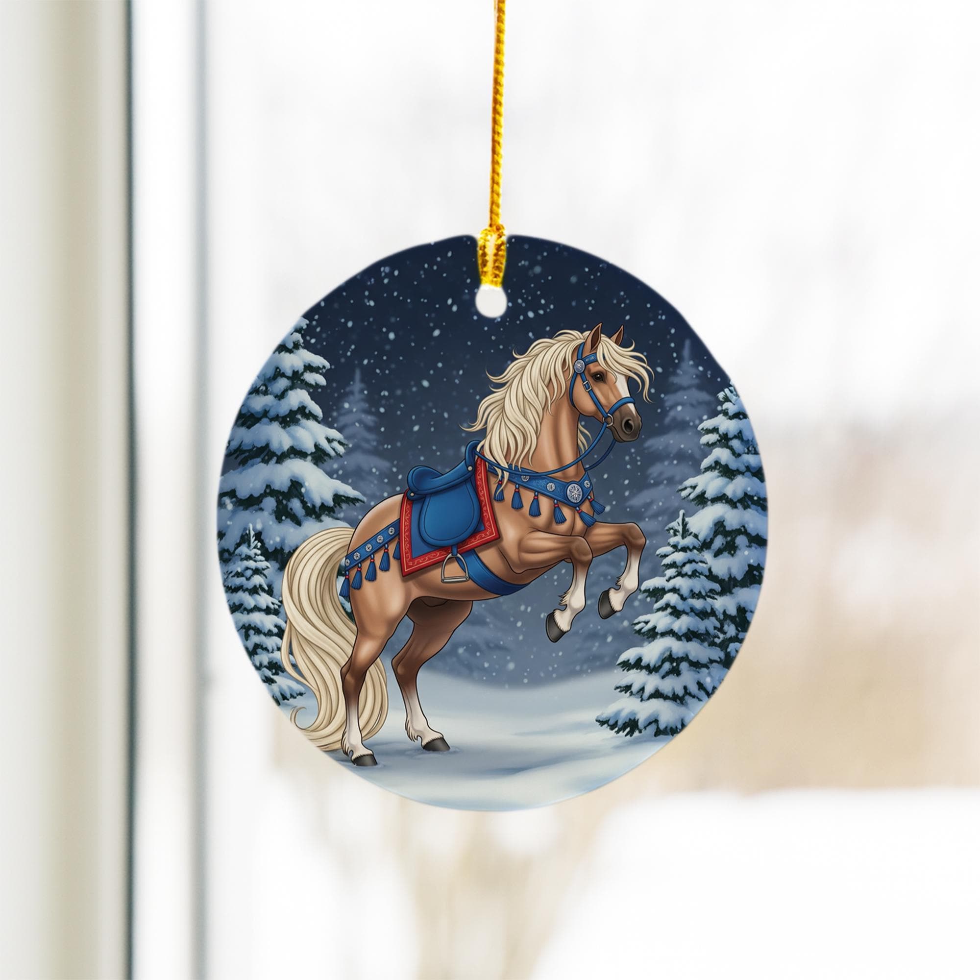Horse Christmas Ceramic Ornament, Equestrian Holiday Decor, Farm Animal Ornament with Snow Scene, Winter Horse Lover Gift, Rustic Christmas
