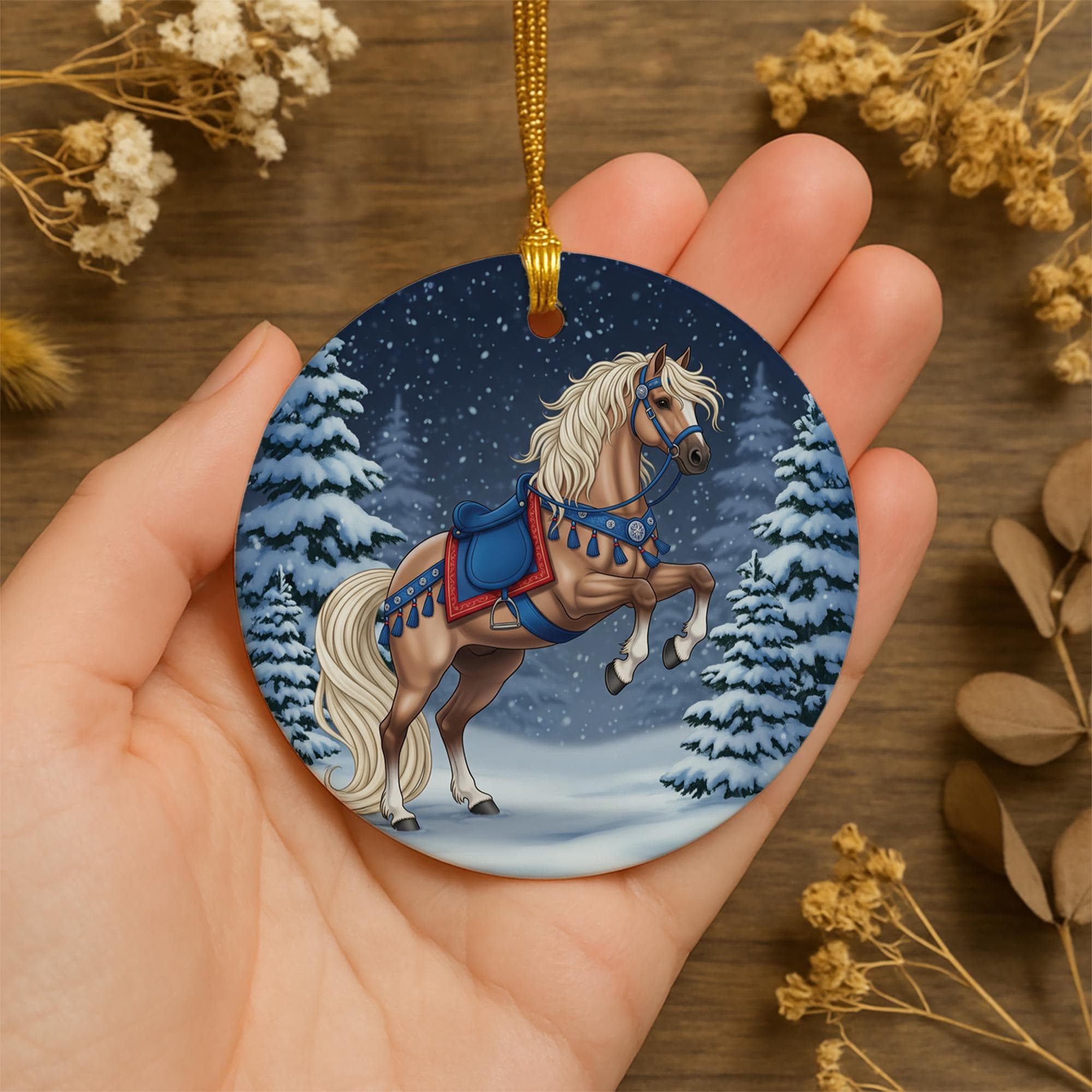 Horse Christmas Ceramic Ornament, Equestrian Holiday Decor, Farm Animal Ornament with Snow Scene, Winter Horse Lover Gift, Rustic Christmas