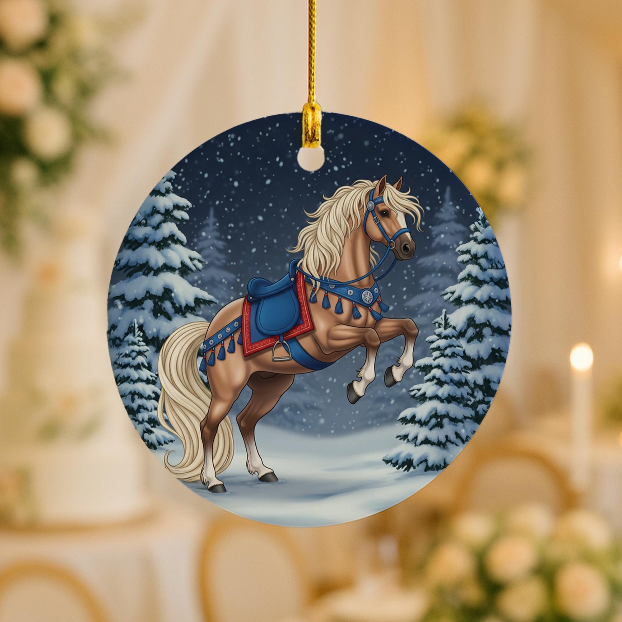 Horse Christmas Ceramic Ornament, Equestrian Holiday Decor, Farm Animal Ornament with Snow Scene, Winter Horse Lover Gift, Rustic Christmas