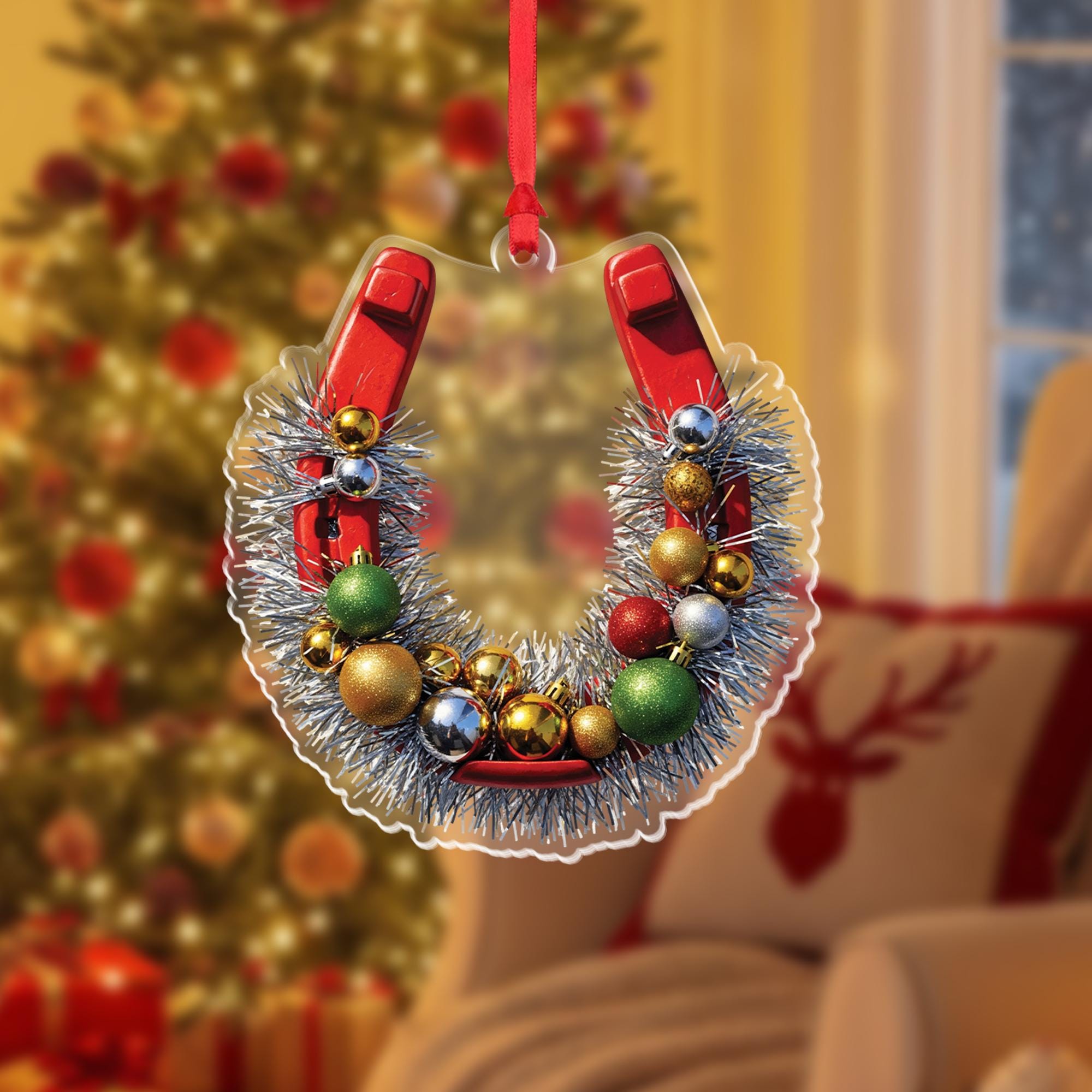 Horseshoe Christmas Ornament, Rustic Farmhouse Holiday Decor, Equestrian Ornament with Tinsel and Baubles, Lucky Christmas Gift