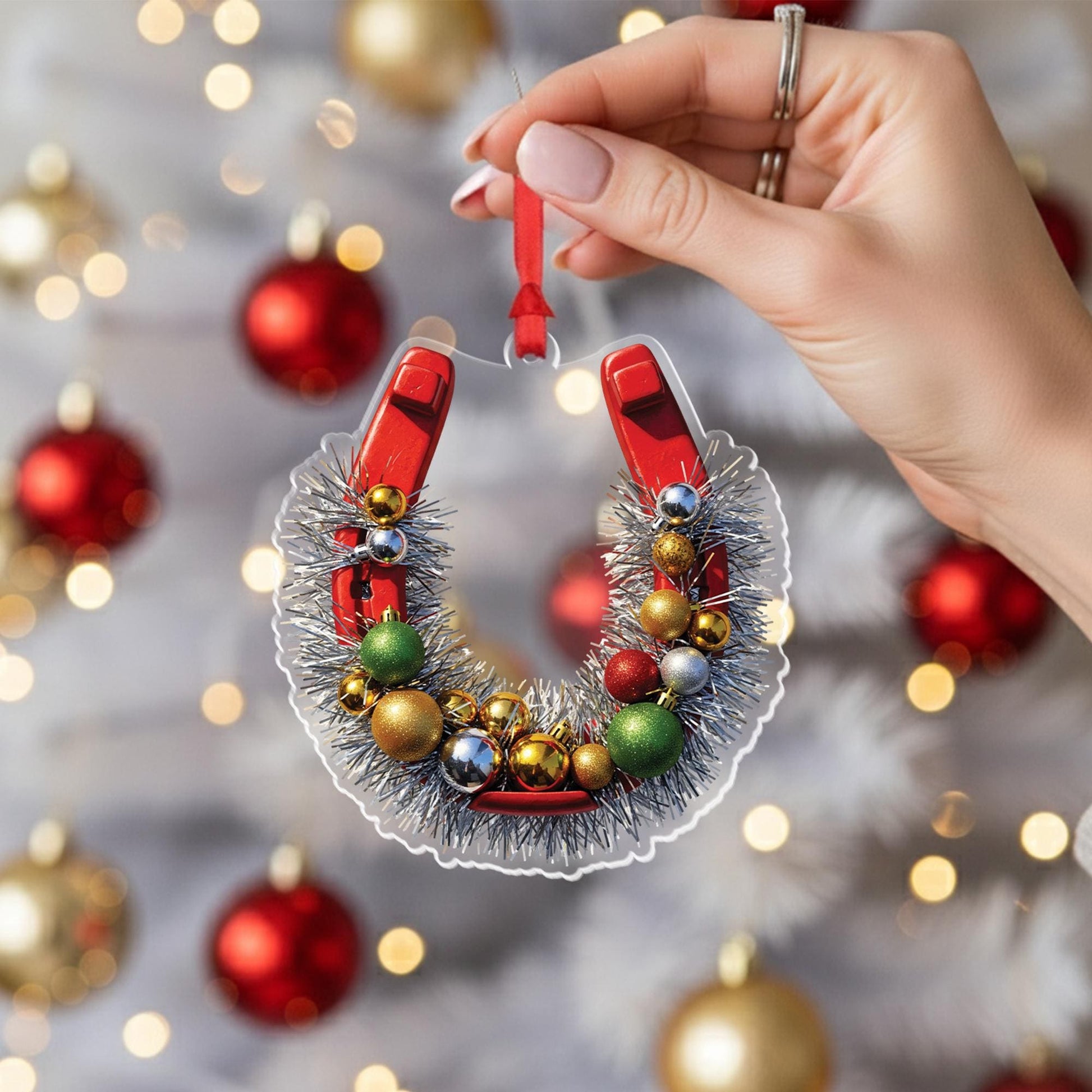 Horseshoe Christmas Ornament, Rustic Farmhouse Holiday Decor, Equestrian Ornament with Tinsel and Baubles, Lucky Christmas Gift