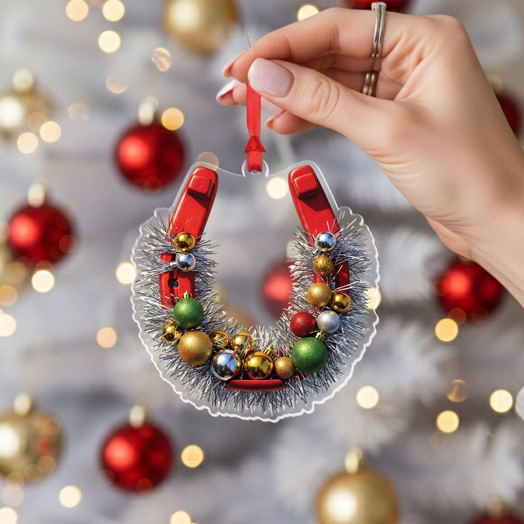 Horseshoe Christmas Ornament, Rustic Farmhouse Holiday Decor, Equestrian Ornament with Tinsel and Baubles, Lucky Christmas Gift