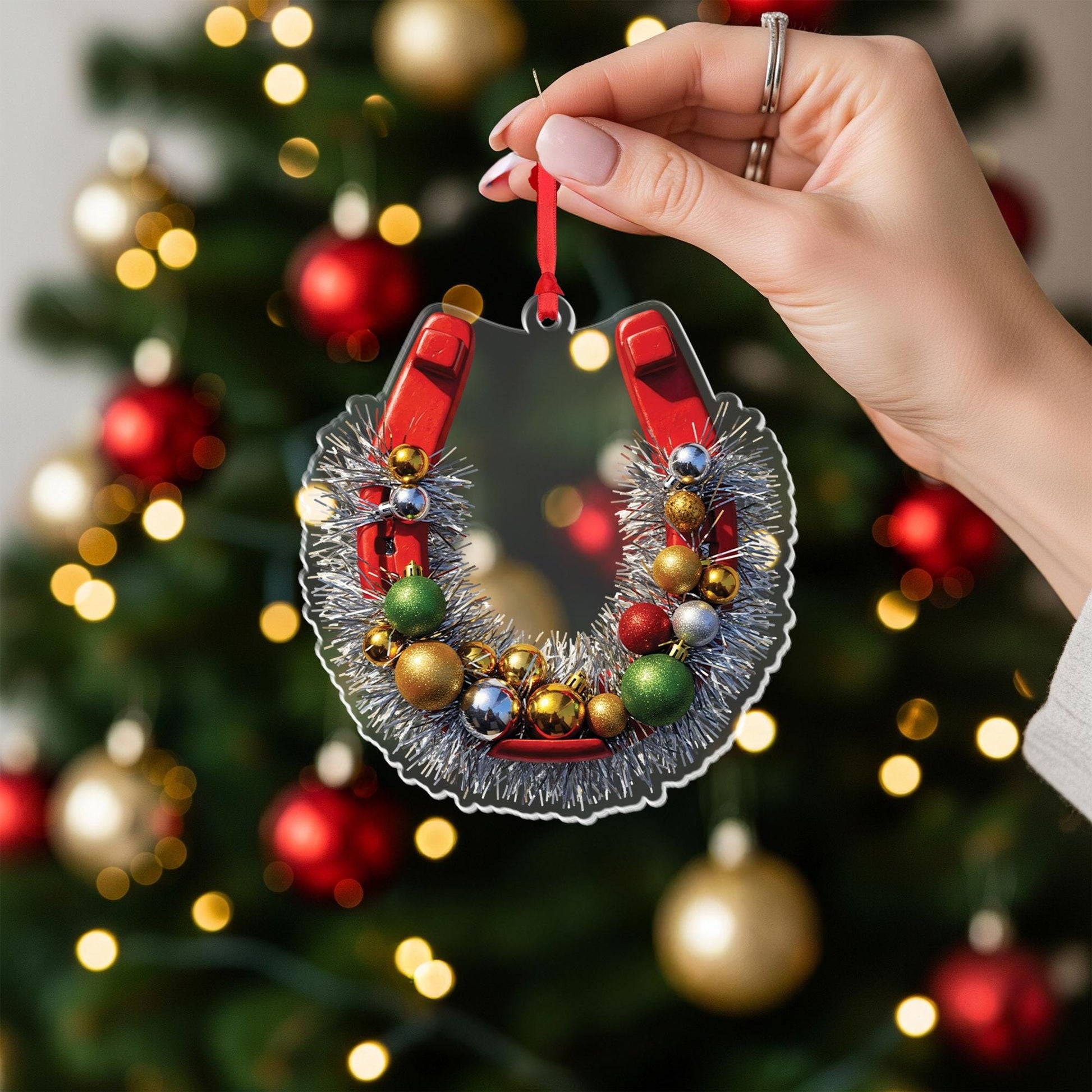 Horseshoe Christmas Ornament, Rustic Farmhouse Holiday Decor, Equestrian Ornament with Tinsel and Baubles, Lucky Christmas Gift