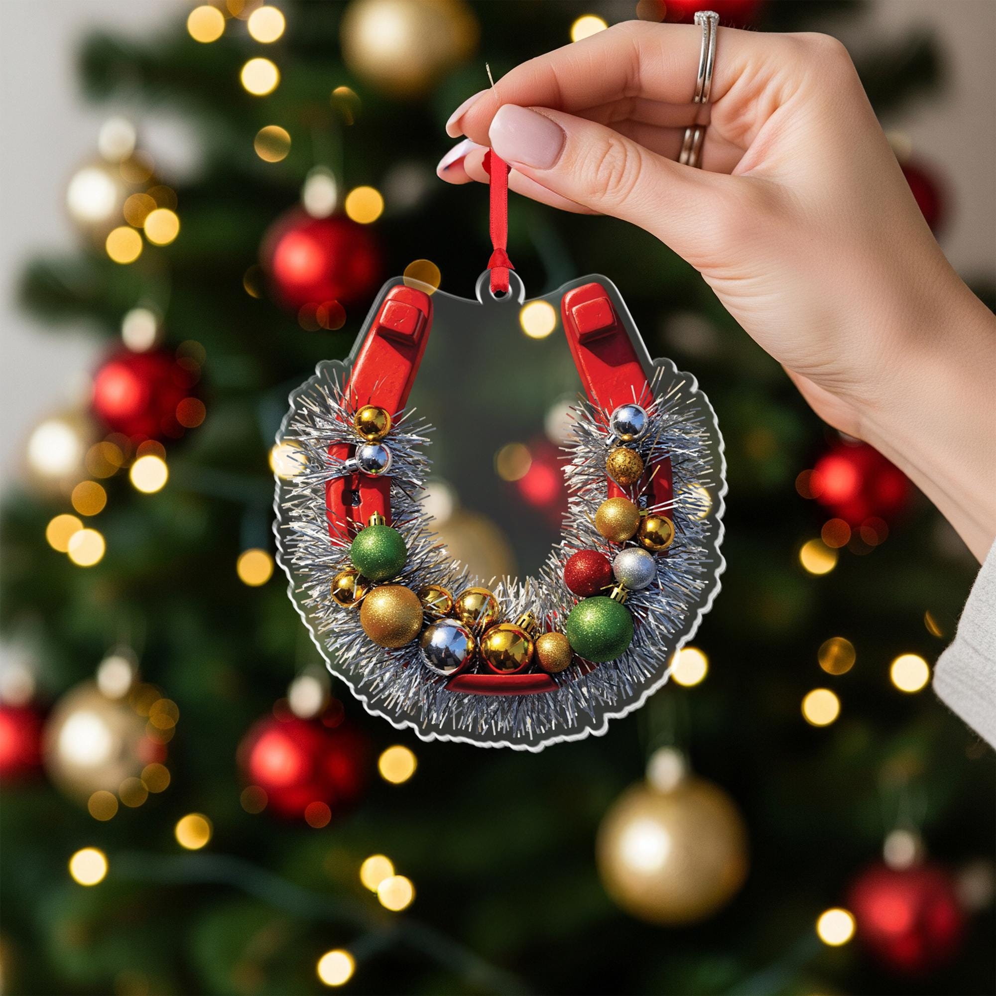 Horseshoe Christmas Ornament, Rustic Farmhouse Holiday Decor, Equestrian Ornament with Tinsel and Baubles, Lucky Christmas Gift