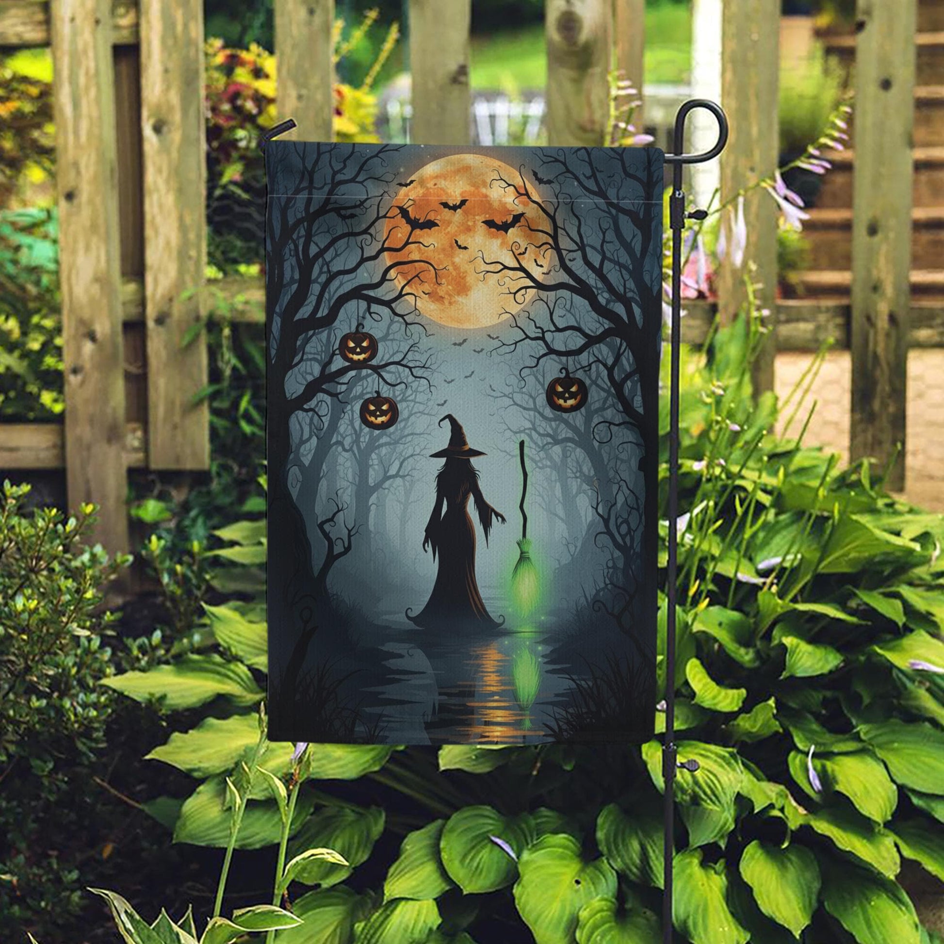 Halloween Witch Garden Flag, Outdoor Yard Decoration with Pumpkins & Full Moon, Spooky Fall Decor, Double Sided Seasonal Banner