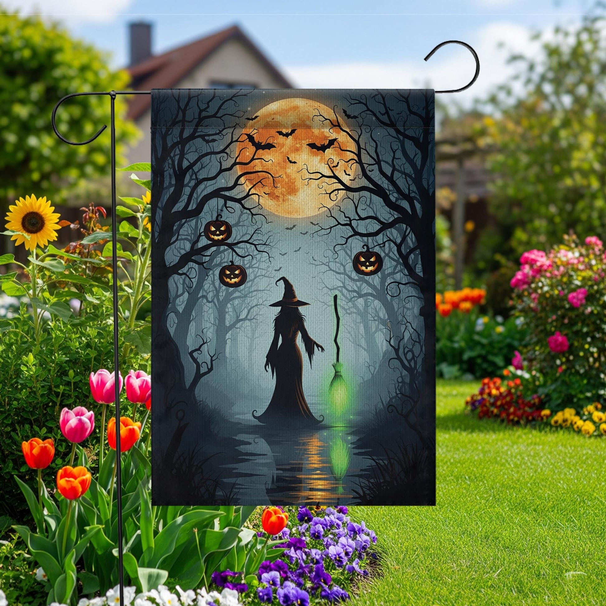 Halloween Witch Garden Flag, Outdoor Yard Decoration with Pumpkins & Full Moon, Spooky Fall Decor, Double Sided Seasonal Banner