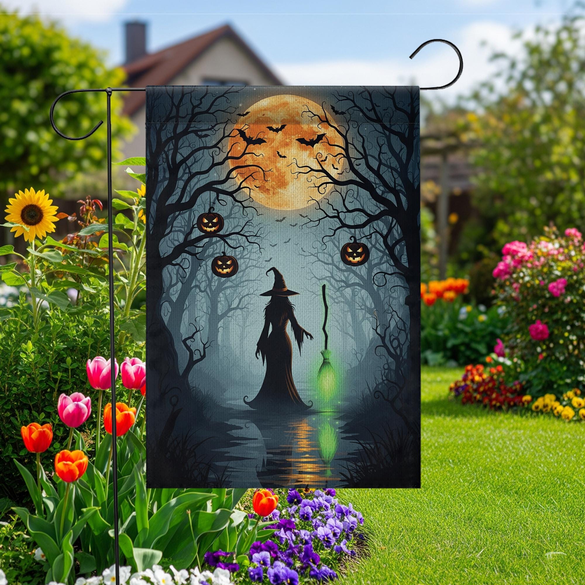 Halloween Witch Garden Flag, Outdoor Yard Decoration with Pumpkins & Full Moon, Spooky Fall Decor, Double Sided Seasonal Banner