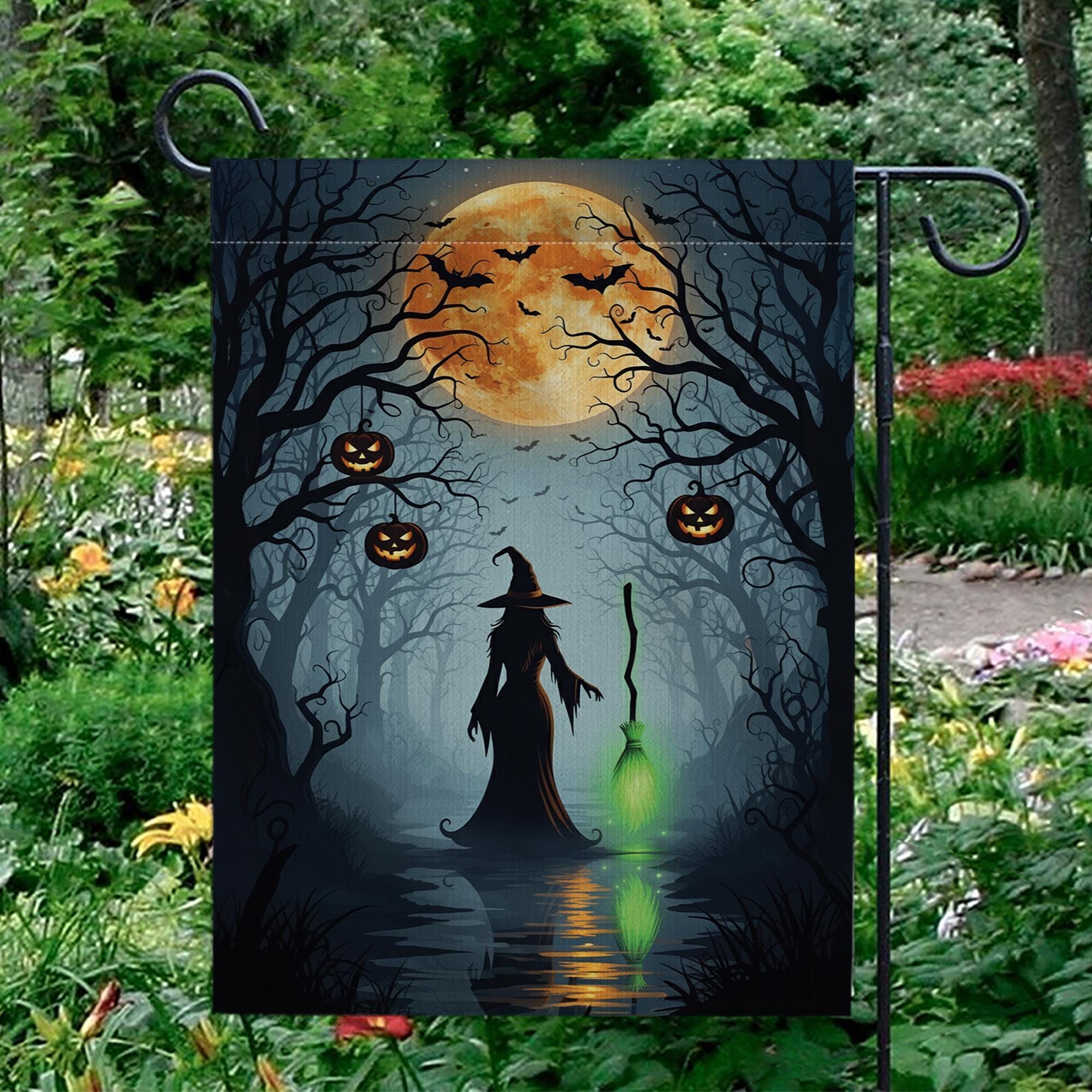 Halloween Witch Garden Flag, Outdoor Yard Decoration with Pumpkins & Full Moon, Spooky Fall Decor, Double Sided Seasonal Banner