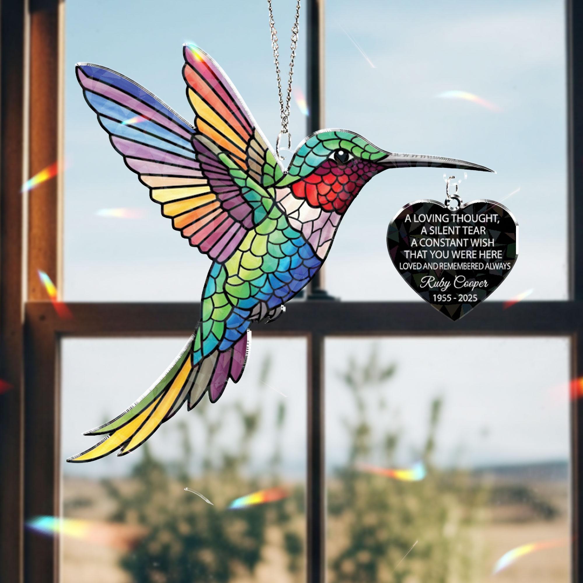 Holographic Hummingbird Memorial Acrylic Suncatcher – Personalized In Loving Memory Gift with Name & Dates