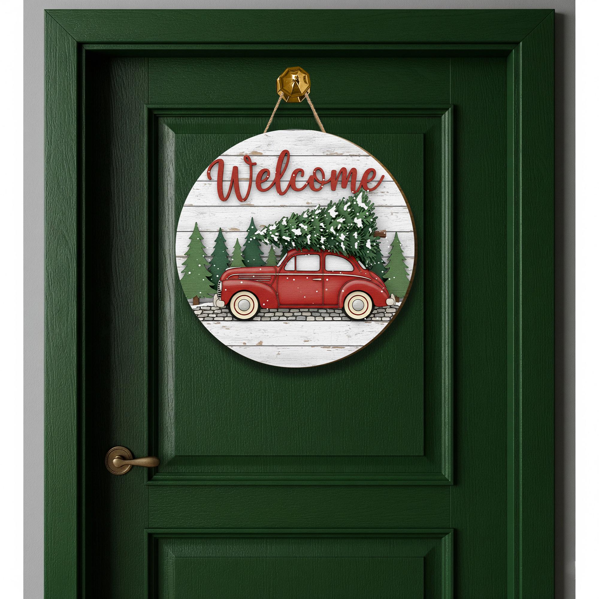 Red Truck Welcome Door Sign: Rustic Christmas Porch Decor