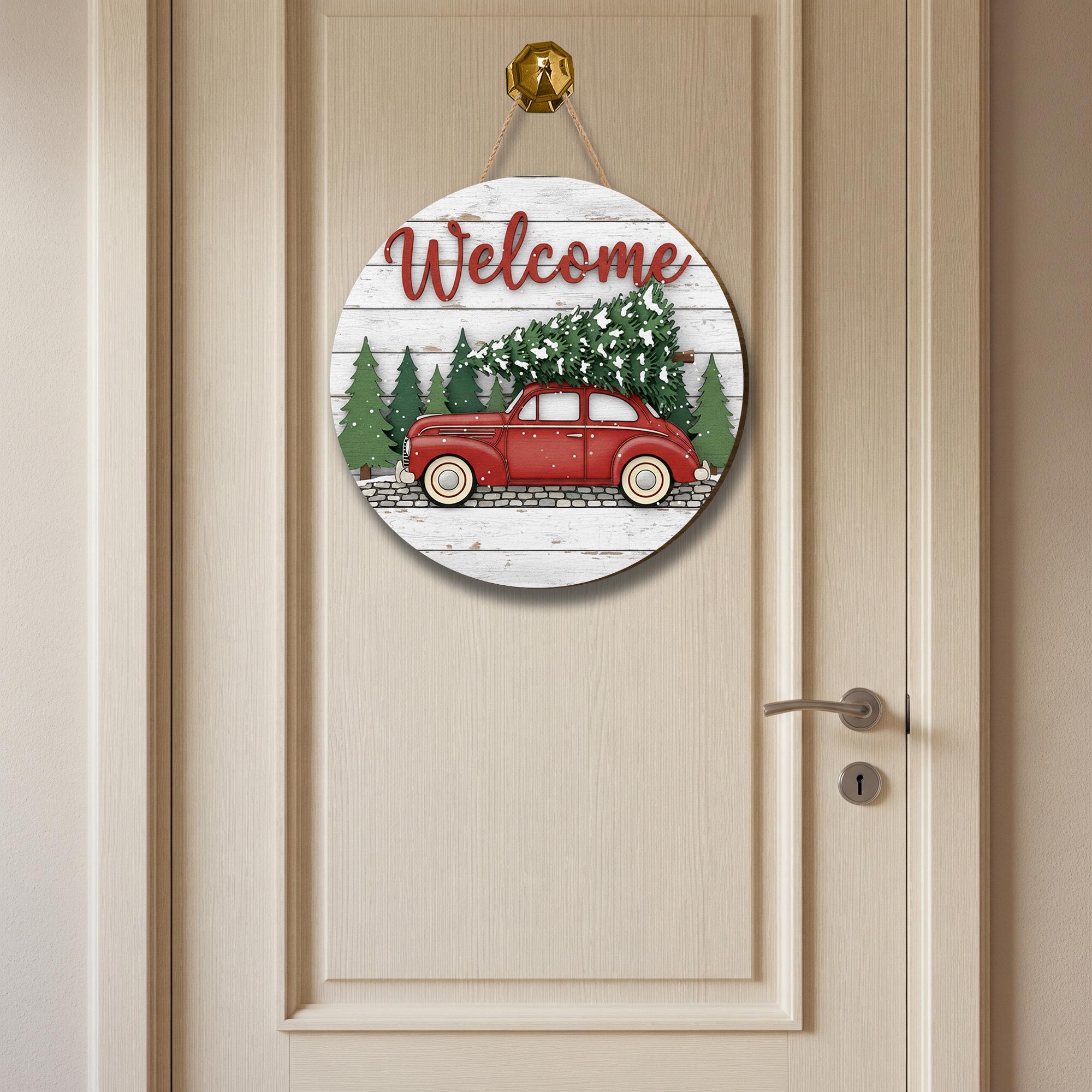Red Truck Welcome Door Sign: Rustic Christmas Porch Decor