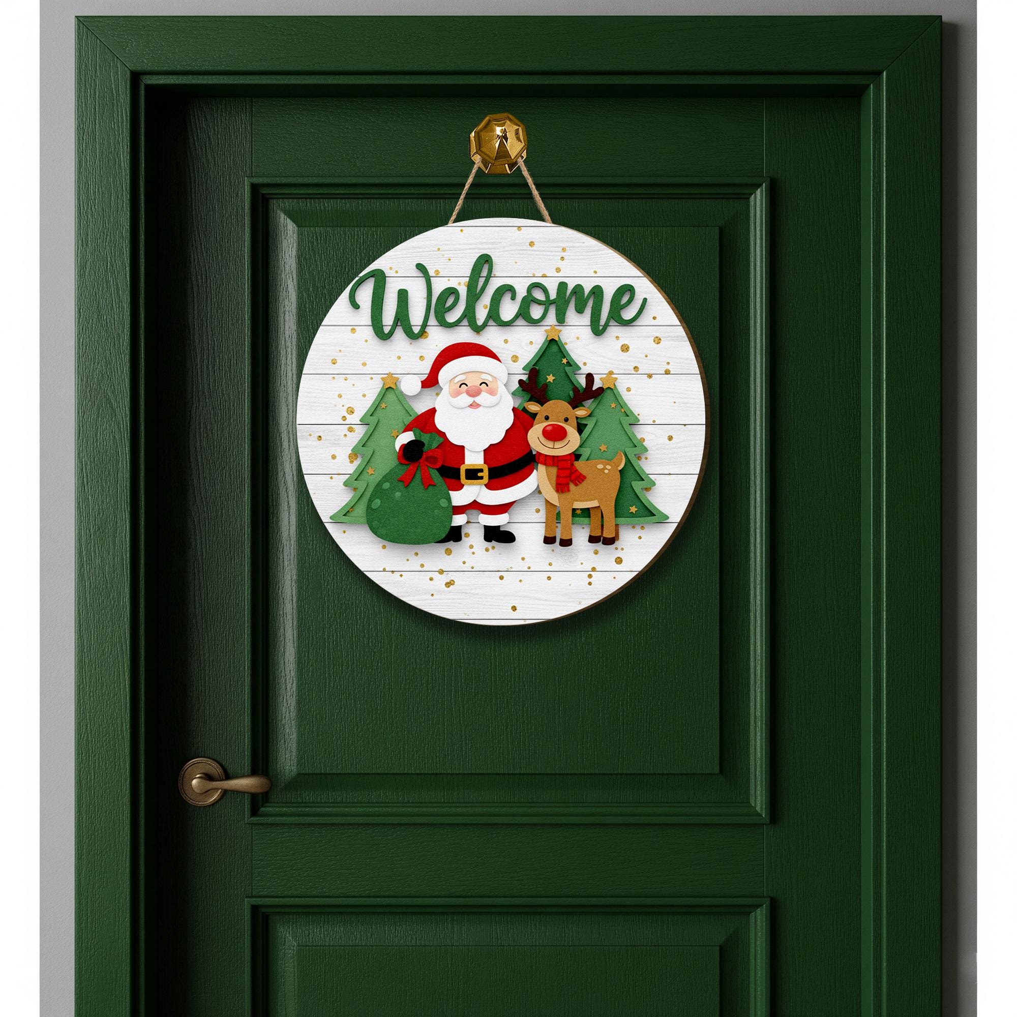 Santa and Reindeer Welcome Door Sign: Christmas Porch Decor