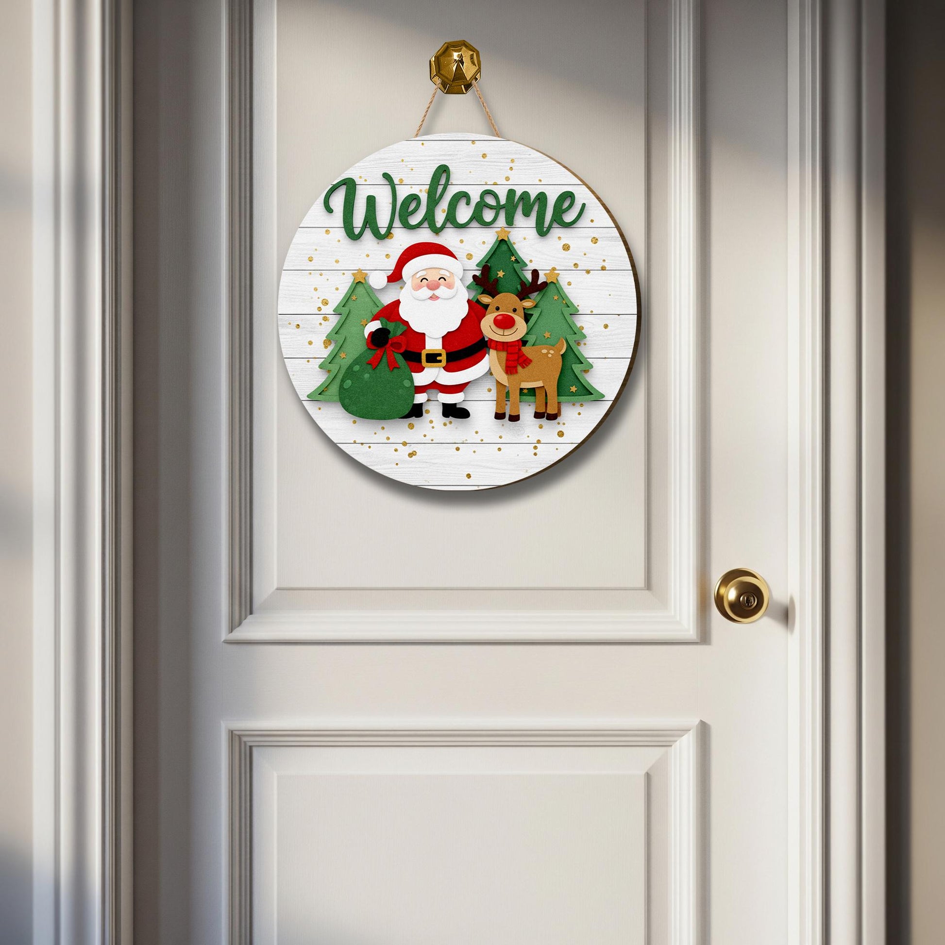 Santa and Reindeer Welcome Door Sign: Christmas Porch Decor