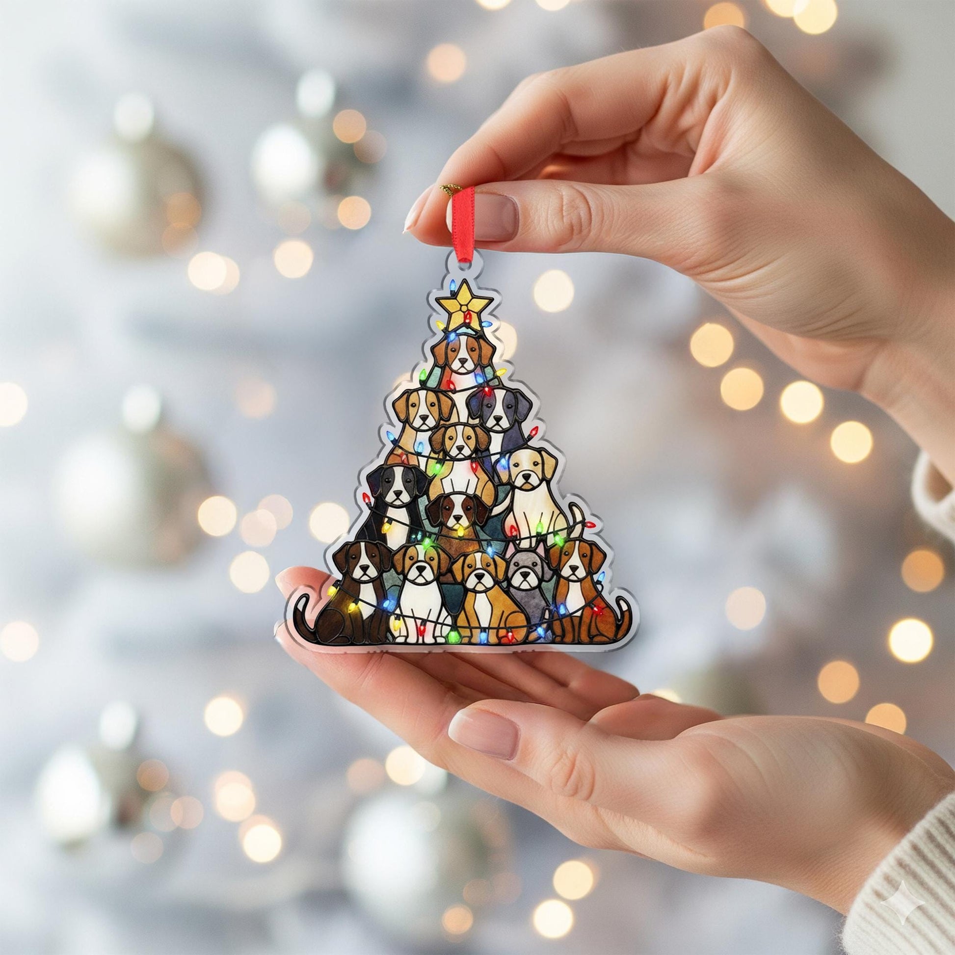 Dog Christmas Ornament – Tree Shape with Puppies and String Lights – Acrylic Holiday Decoration