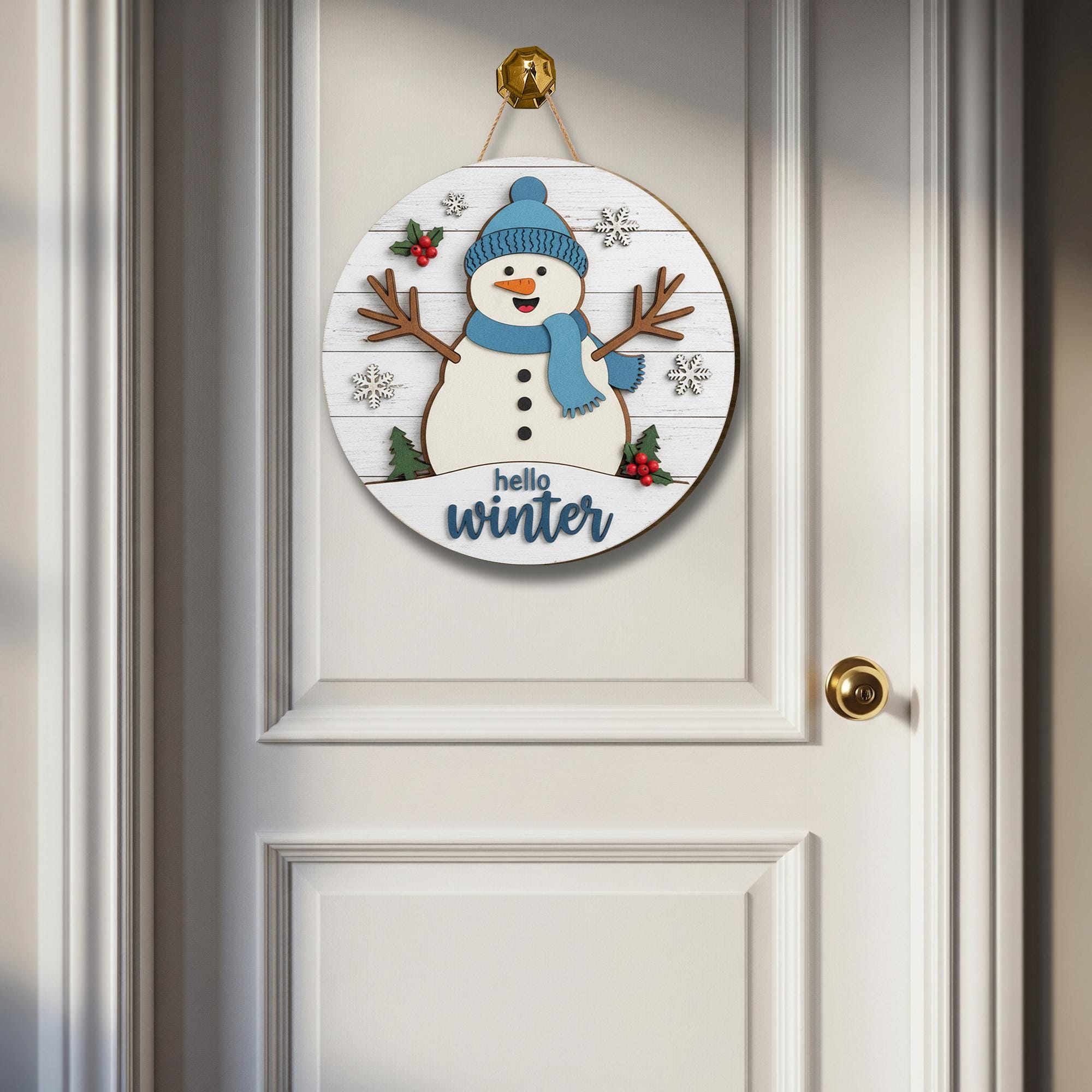 Hello Winter Snowman Door Sign: Rustic Winter Porch Decor