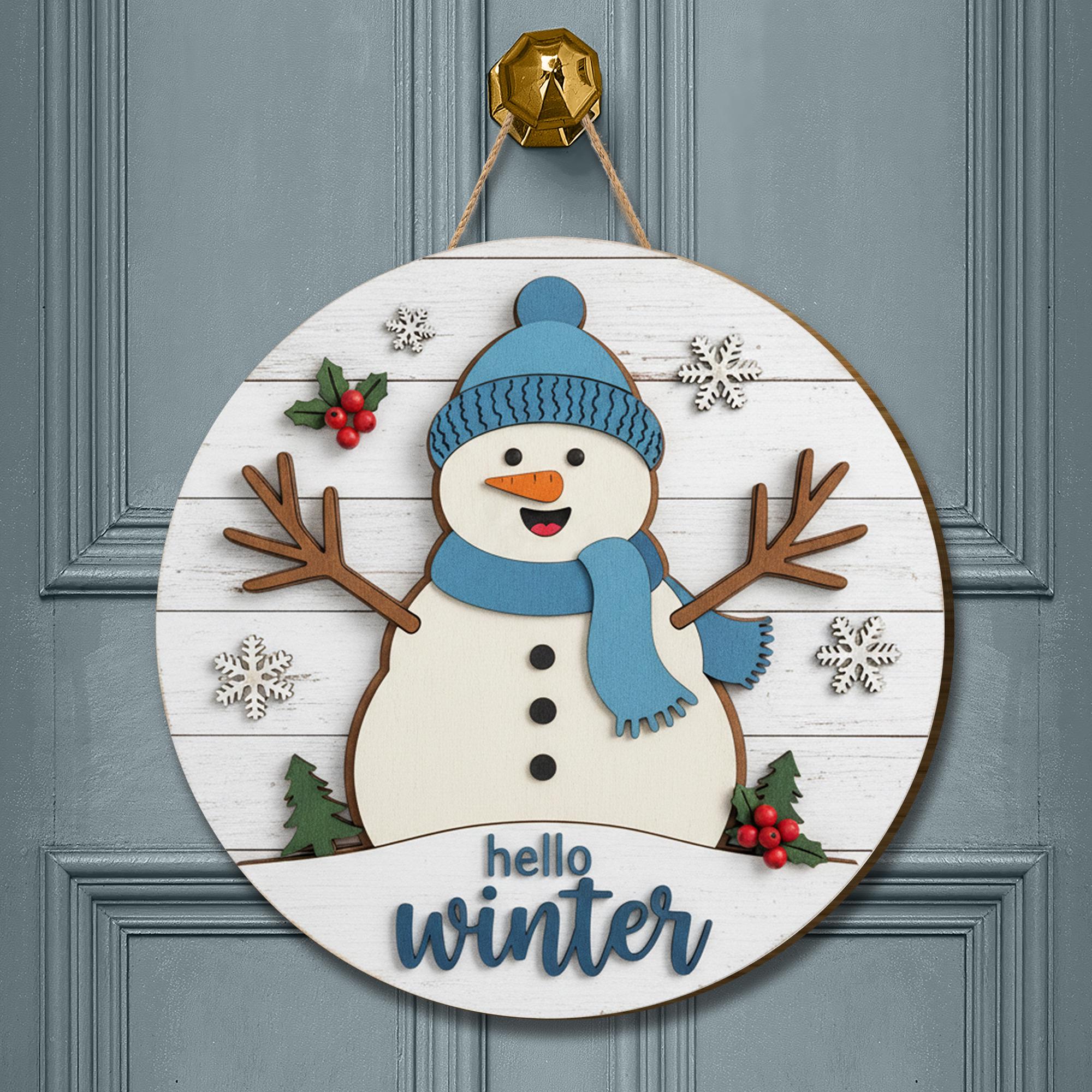 Hello Winter Snowman Door Sign: Rustic Winter Porch Decor