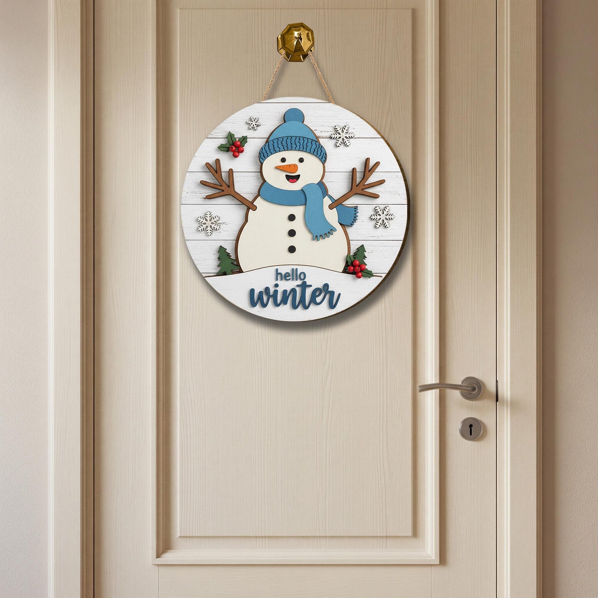 Hello Winter Snowman Door Sign: Rustic Winter Porch Decor