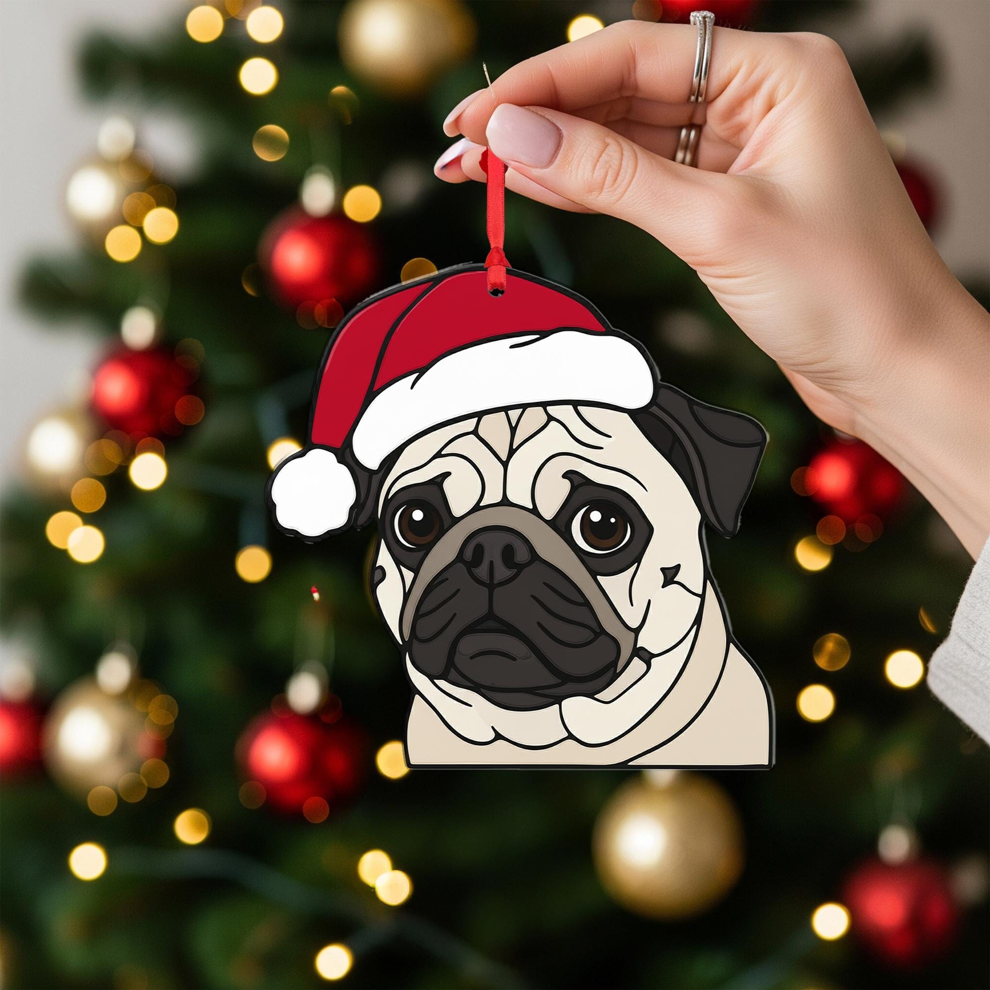 Pug Dog Christmas Ornament – Santa Hat, Hanging Holiday Decoration