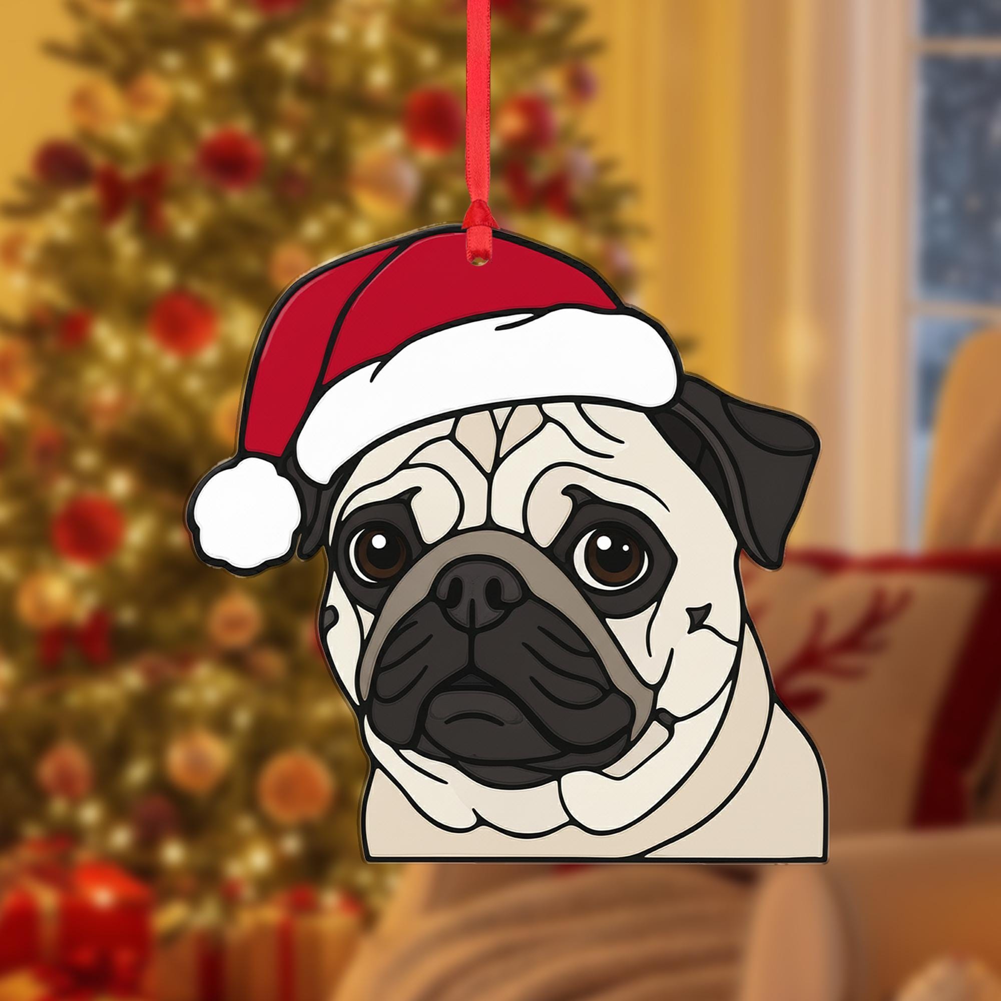Pug Dog Christmas Ornament – Santa Hat, Hanging Holiday Decoration
