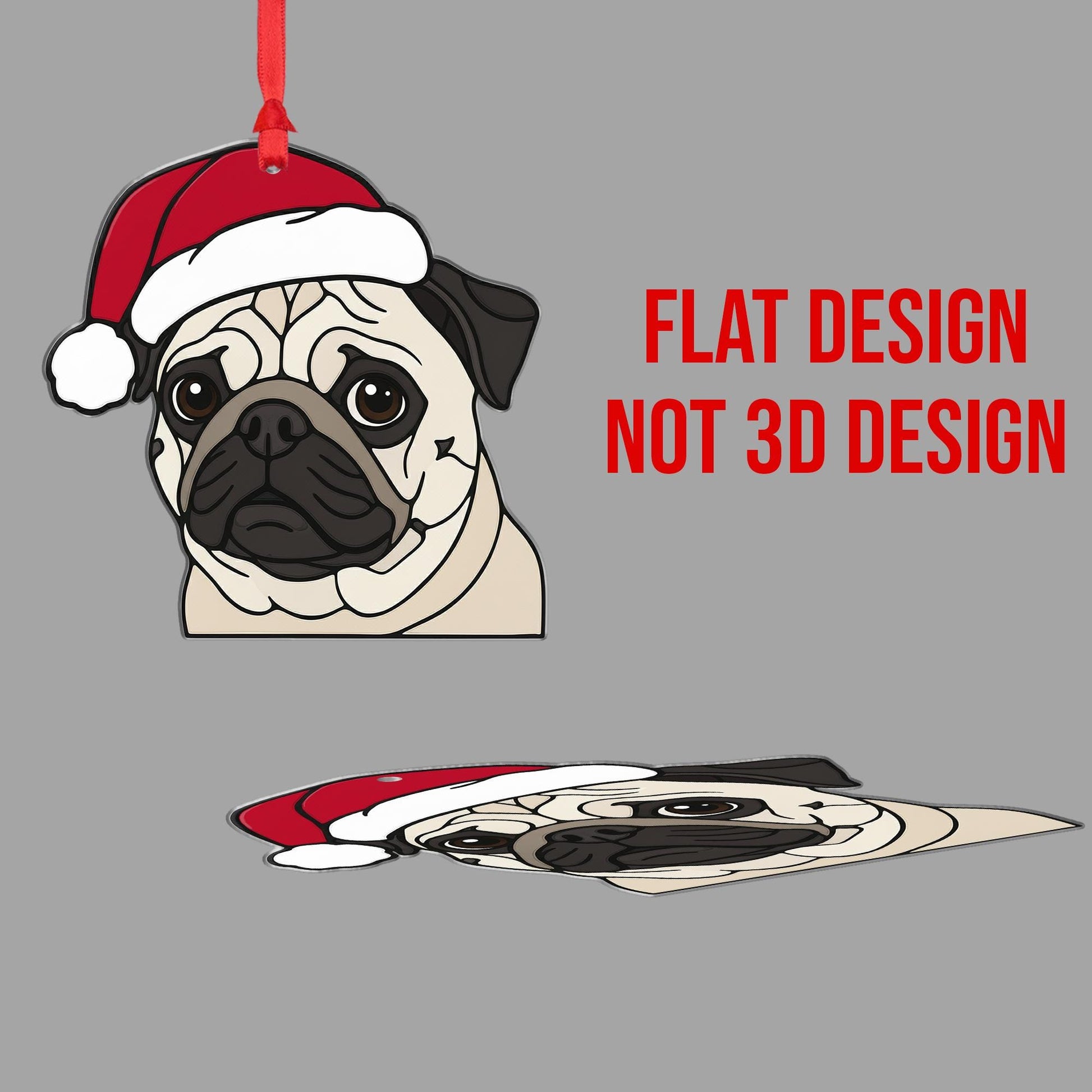 Pug Dog Christmas Ornament – Santa Hat, Hanging Holiday Decoration