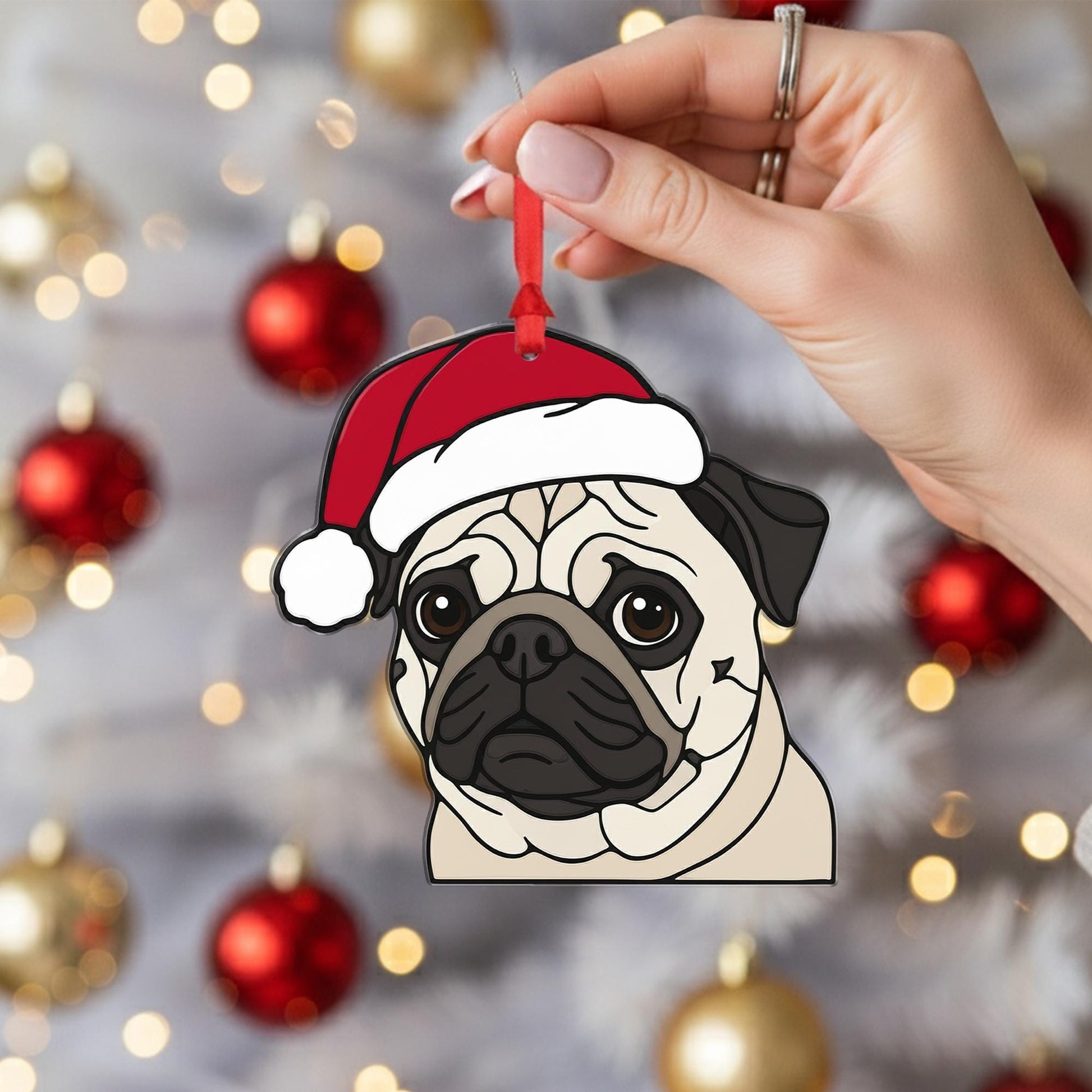 Pug Dog Christmas Ornament – Santa Hat, Hanging Holiday Decoration