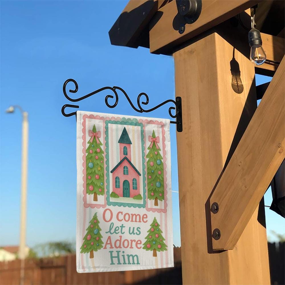 Christian Christmas Garden Flag: Church, Trees, O Come Let Us Adore Him