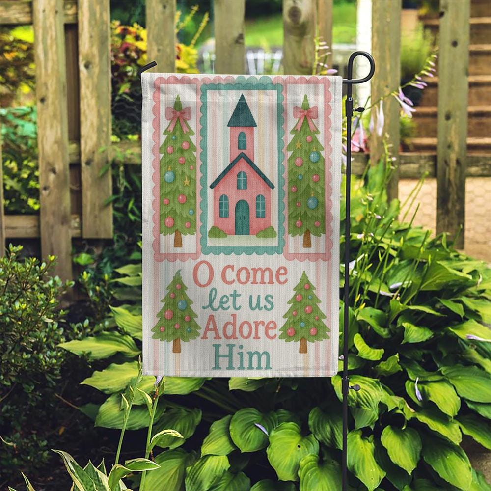 Christian Christmas Garden Flag: Church, Trees, O Come Let Us Adore Him