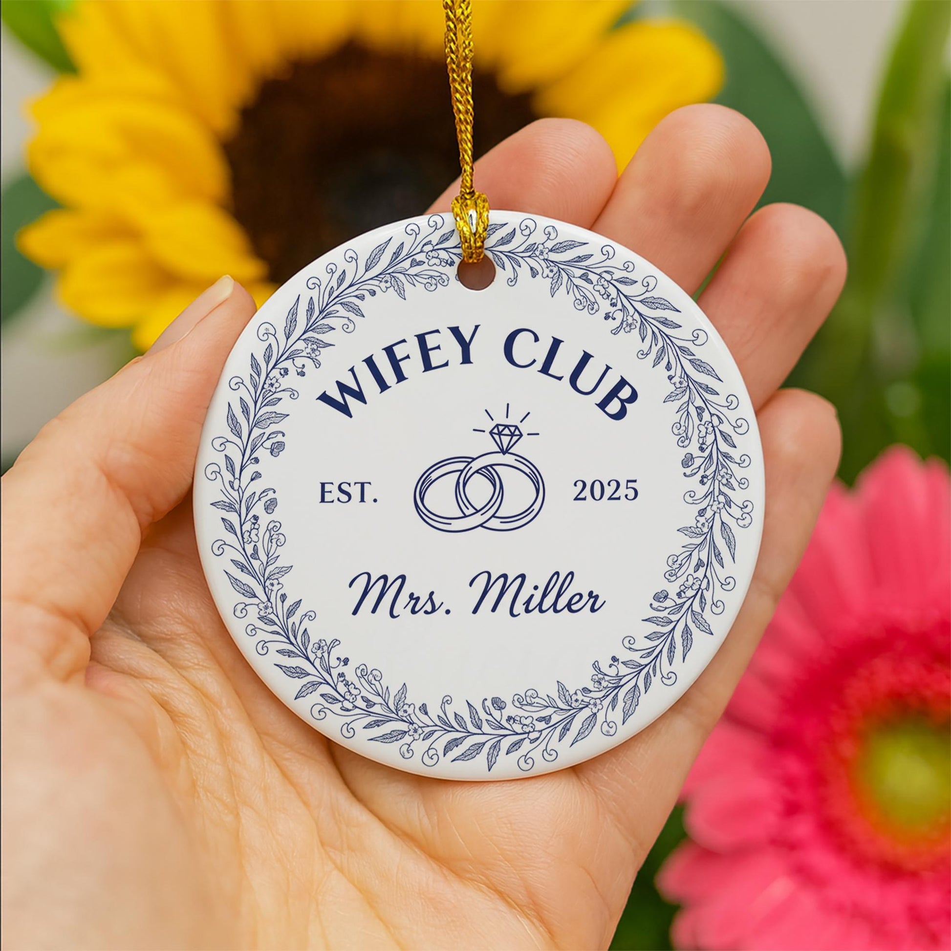 Personalized Ornament – Wifey Club, Wedding Rings Design, Round Hanging Decoration