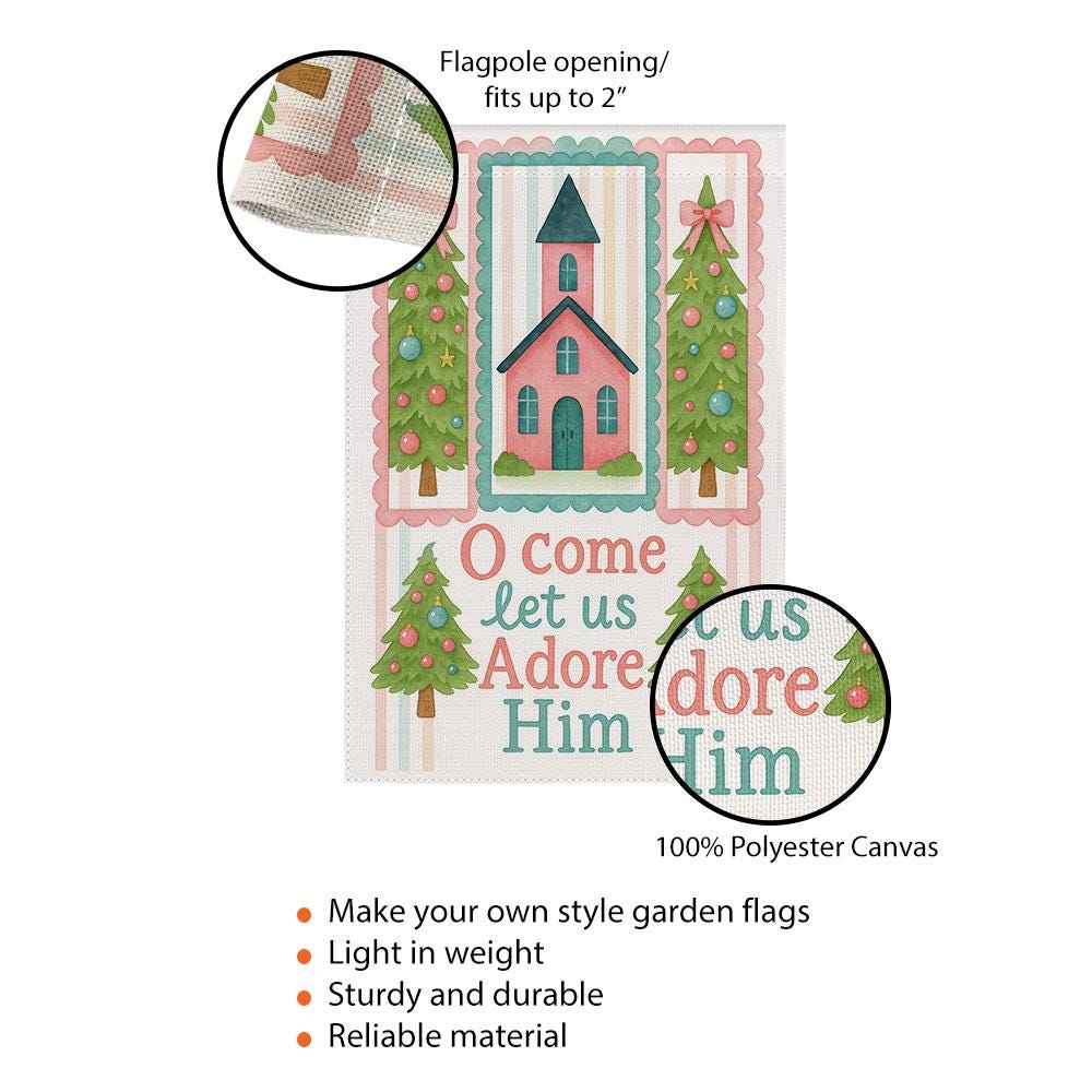Christian Christmas Garden Flag: Church, Trees, O Come Let Us Adore Him
