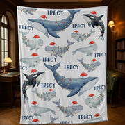 Personalized Whale Christmas Blanket – Custom Name Holiday Throw with Orca & Whale Santa Hat