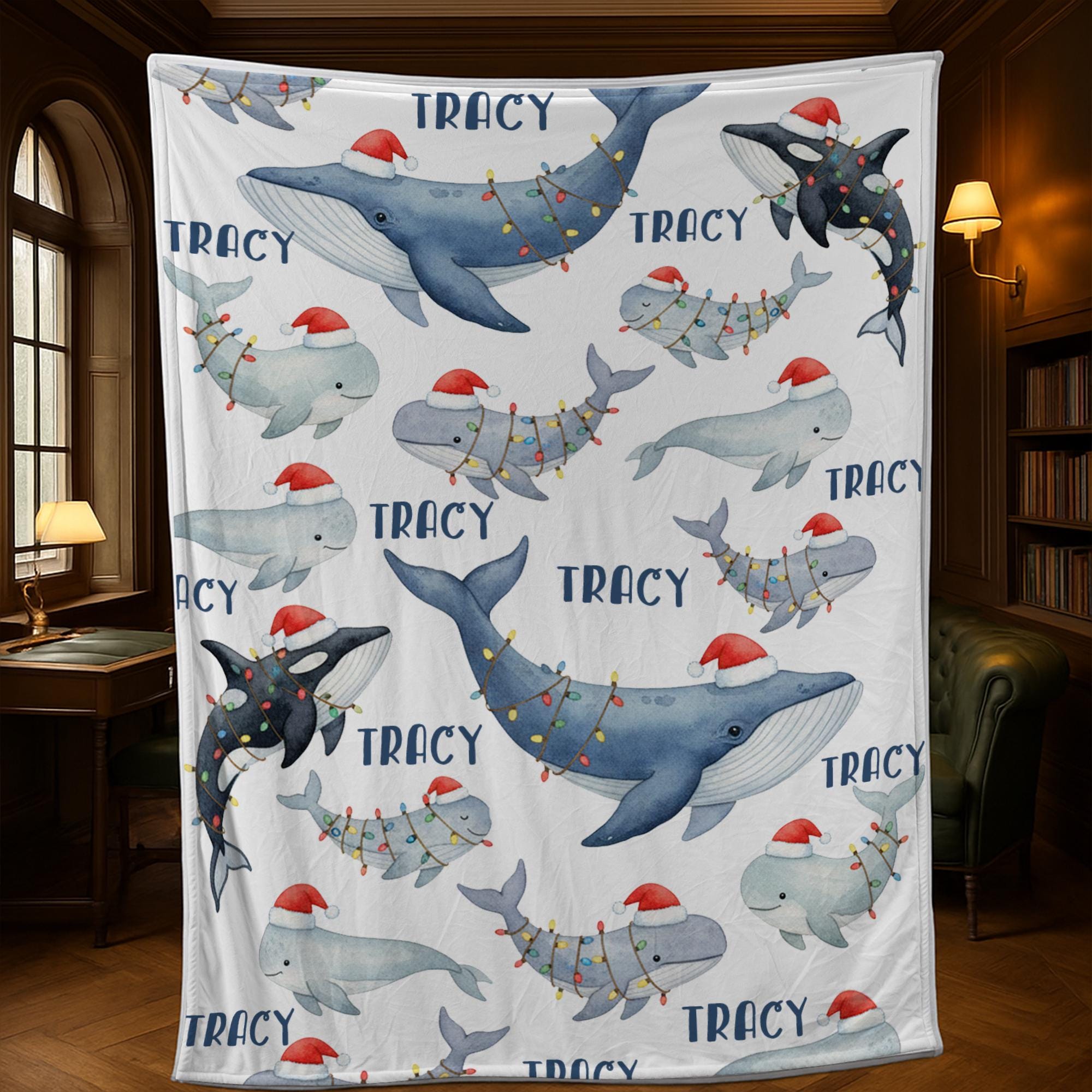 Personalized Whale Christmas Blanket – Custom Name Holiday Throw with Orca & Whale Santa Hat