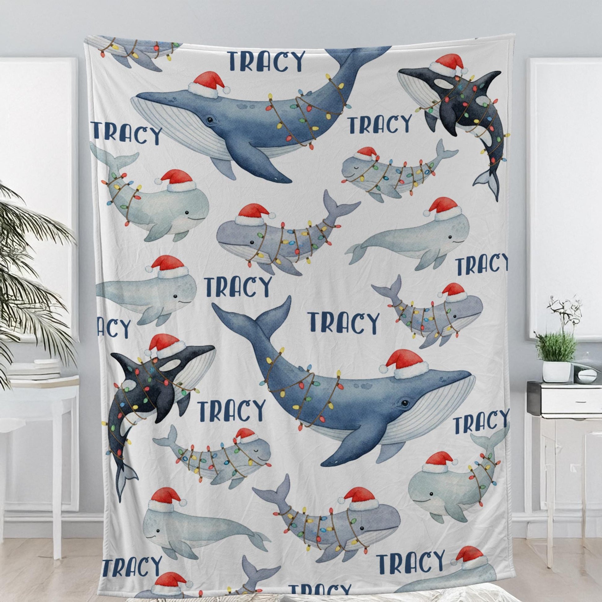 Personalized Whale Christmas Blanket – Custom Name Holiday Throw with Orca & Whale Santa Hat