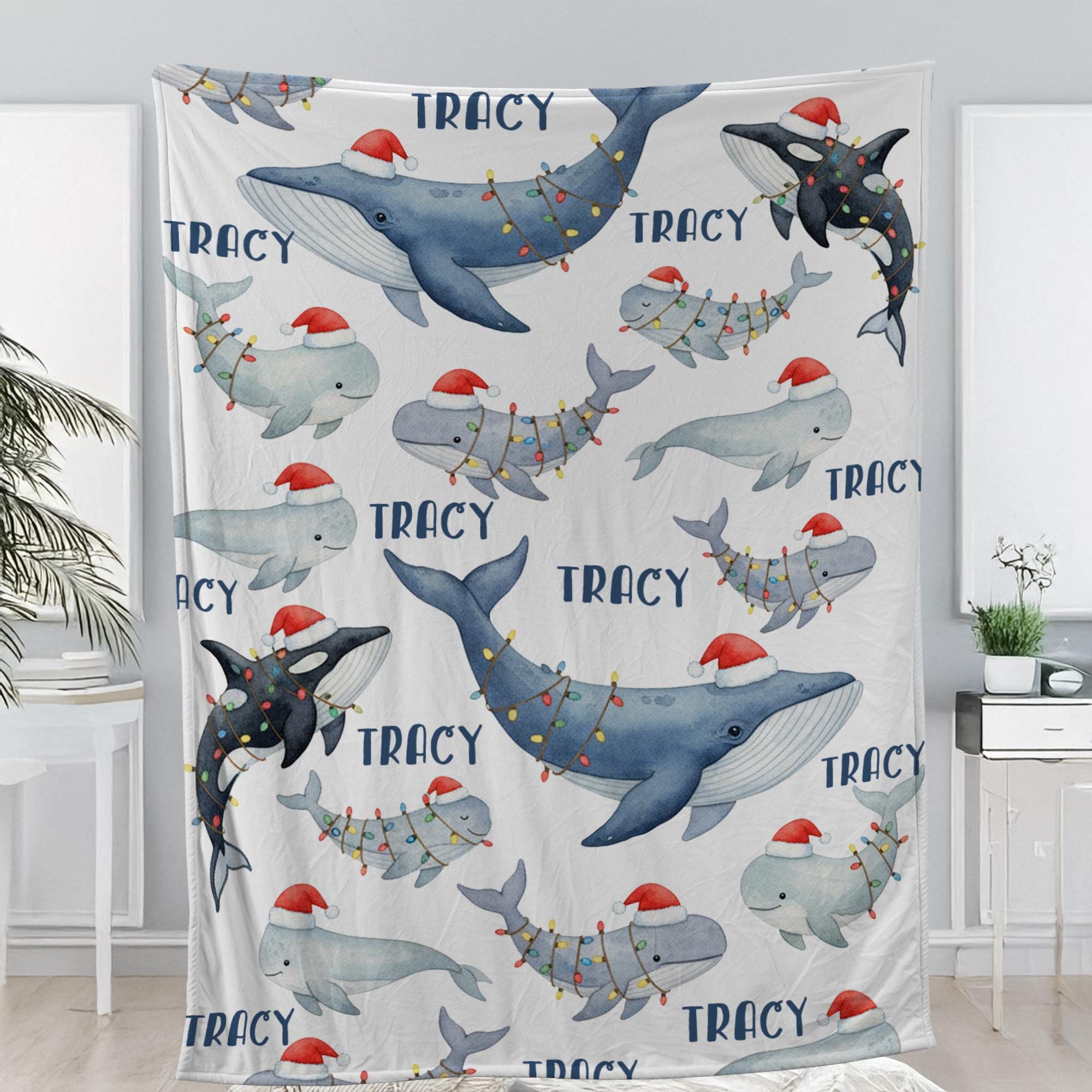 Personalized Whale Christmas Blanket – Custom Name Holiday Throw with Orca & Whale Santa Hat