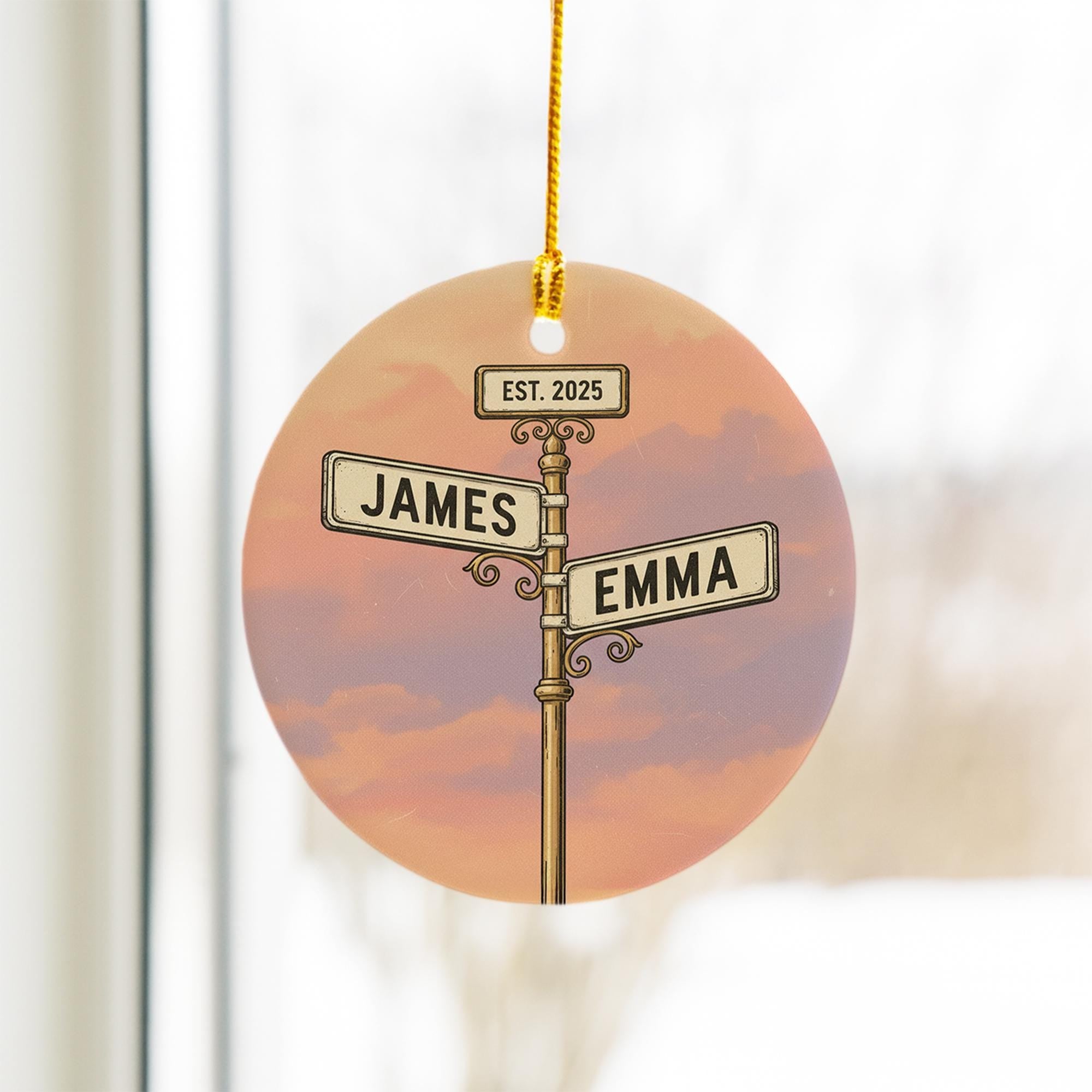 Personalized Street Sign Couple Ornament – Custom Names & Year, Round Keepsake