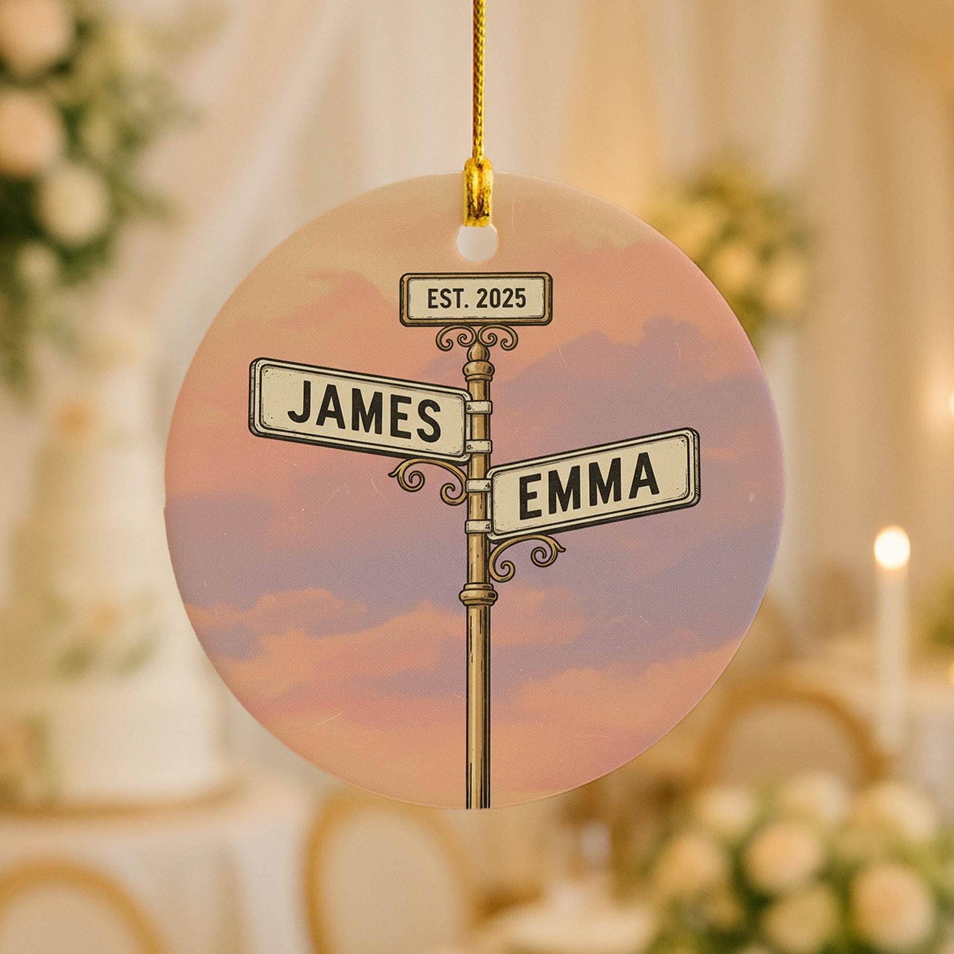 Personalized Street Sign Couple Ornament – Custom Names & Year, Round Keepsake