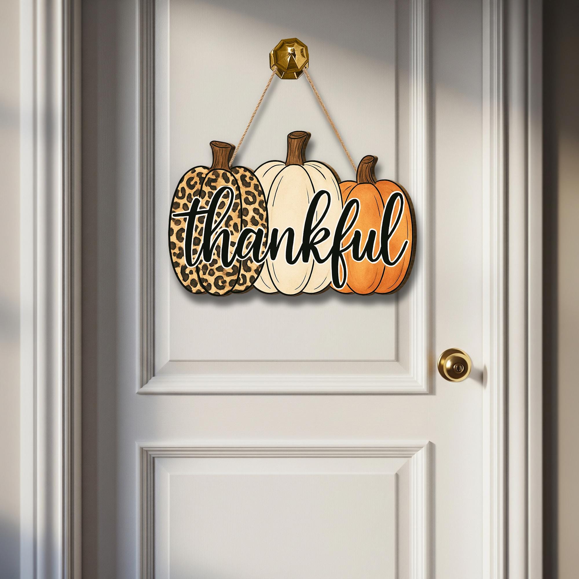 Wood Pumpkin Door Sign – Thankful Hanging Fall Harvest Decoration with Leopard and Orange Pumpkins