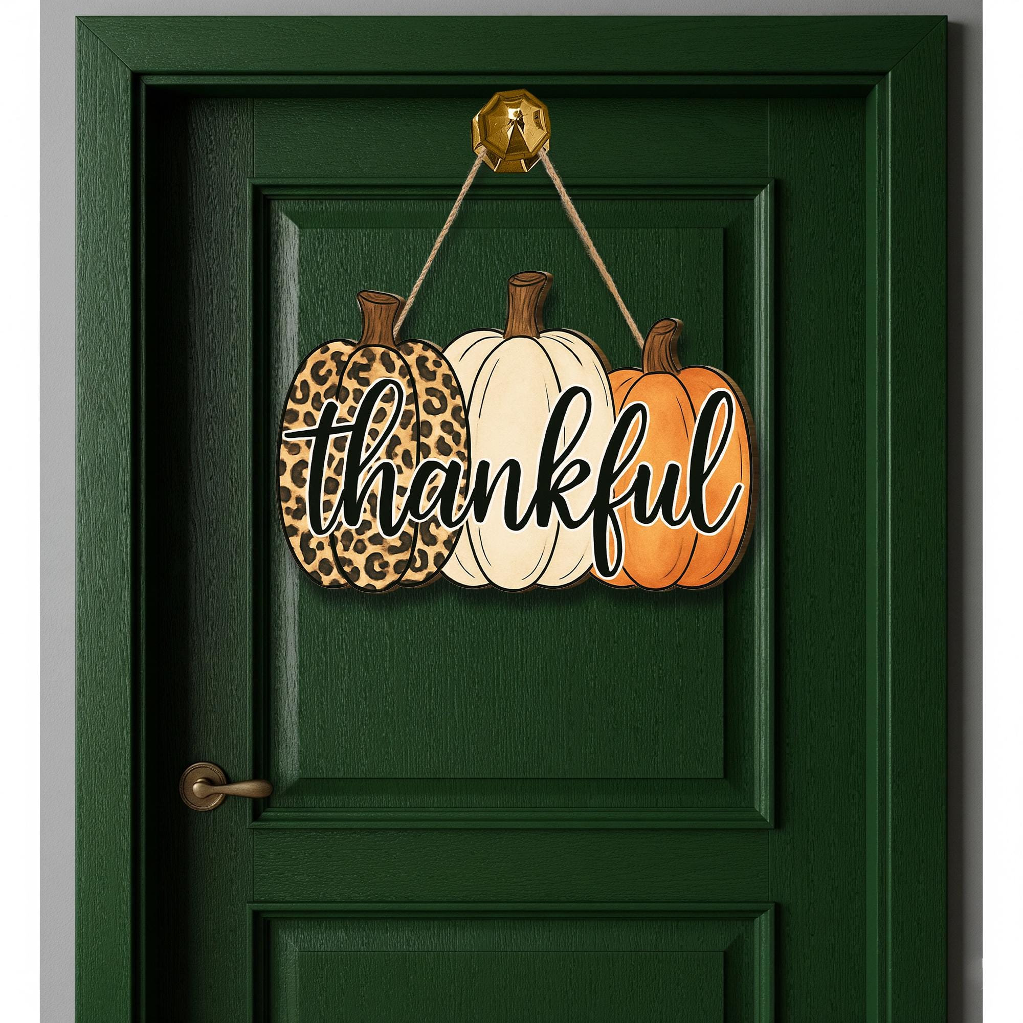 Wood Pumpkin Door Sign – Thankful Hanging Fall Harvest Decoration with Leopard and Orange Pumpkins