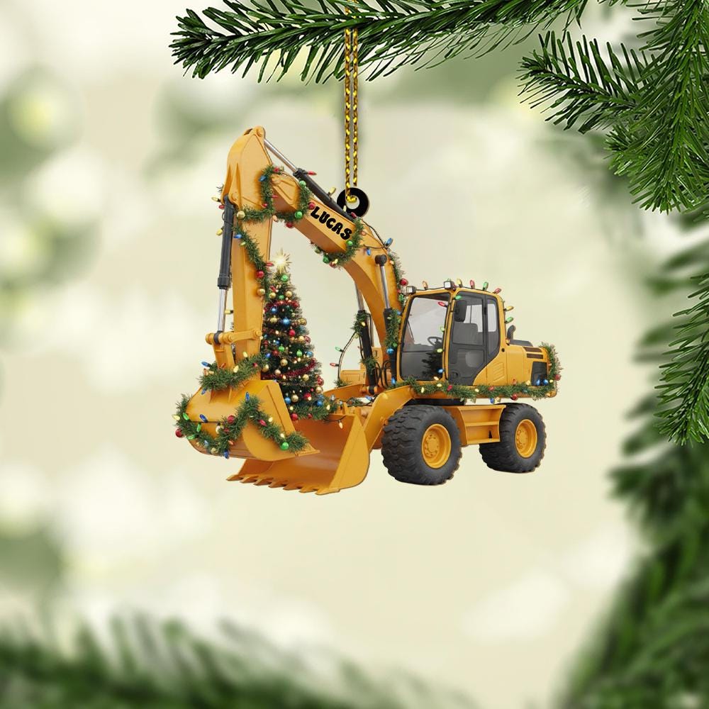 Custom Excavator Christmas Ornament with Tree and Lights, Personalized Construction Vehicle Holiday Decoration