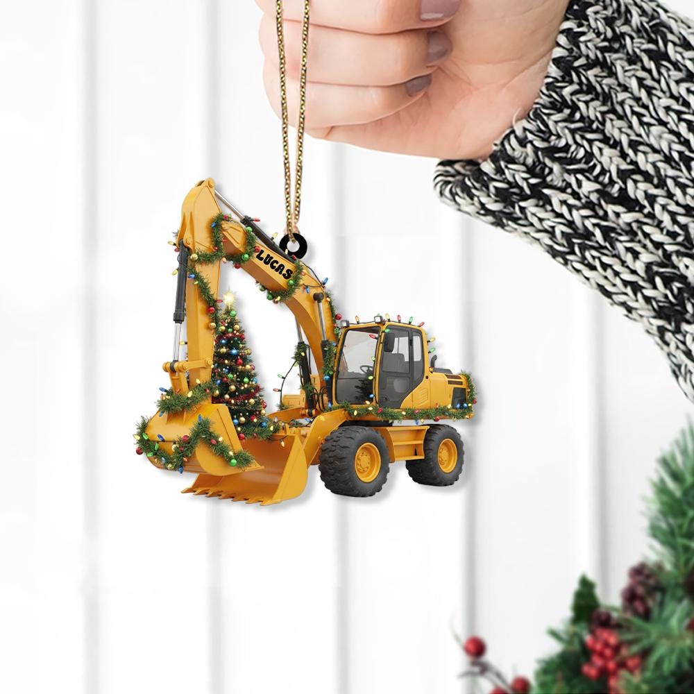 Custom Excavator Christmas Ornament with Tree and Lights, Personalized Construction Vehicle Holiday Decoration