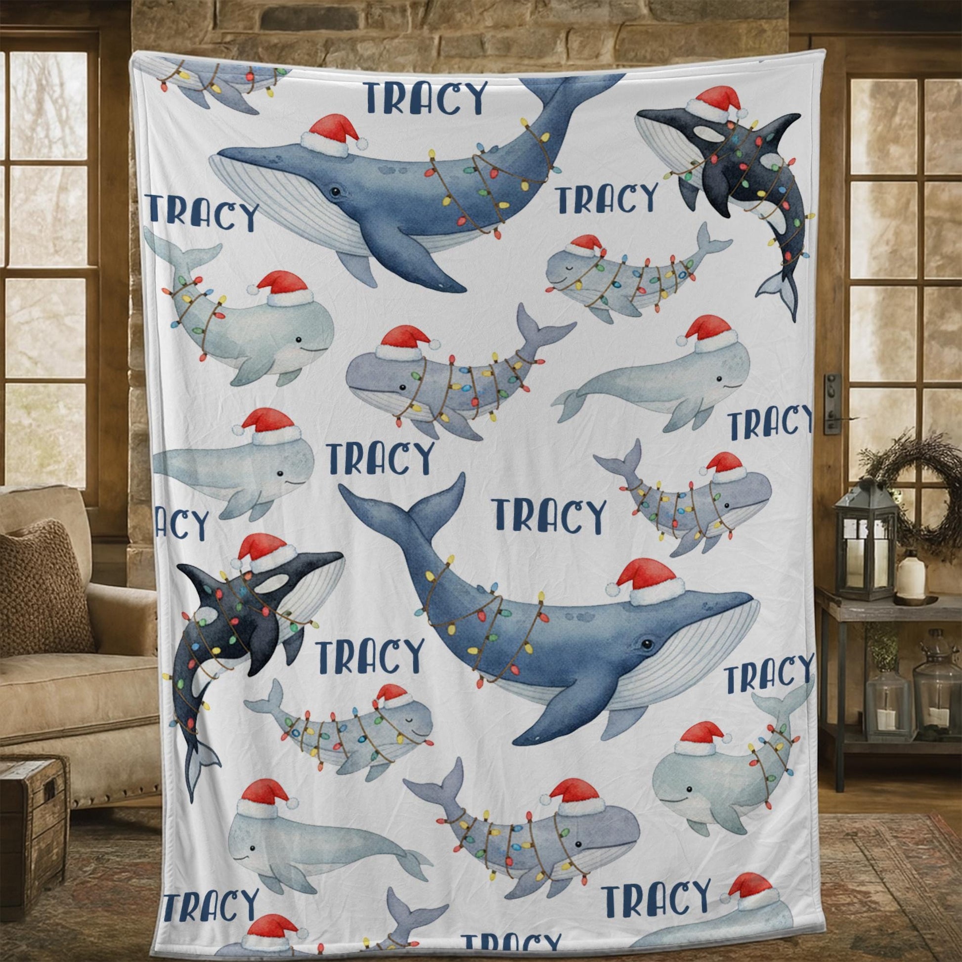 Personalized Whale Christmas Blanket – Custom Name Holiday Throw with Orca & Whale Santa Hat