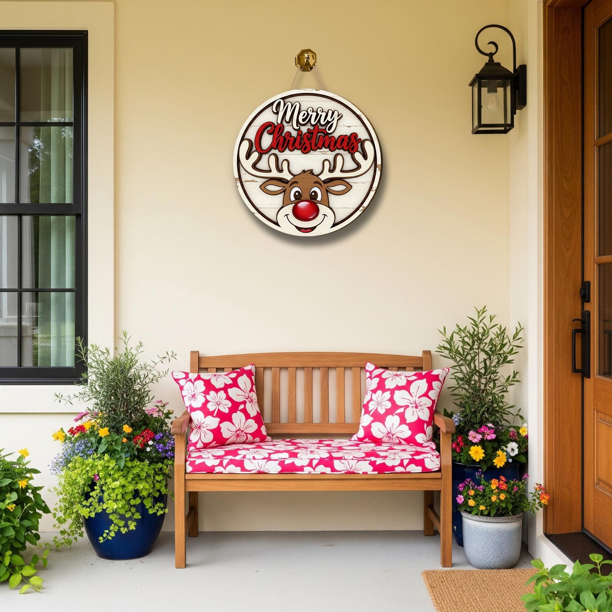 Merry Christmas Reindeer Door Sign: Rustic Holiday Porch Decor